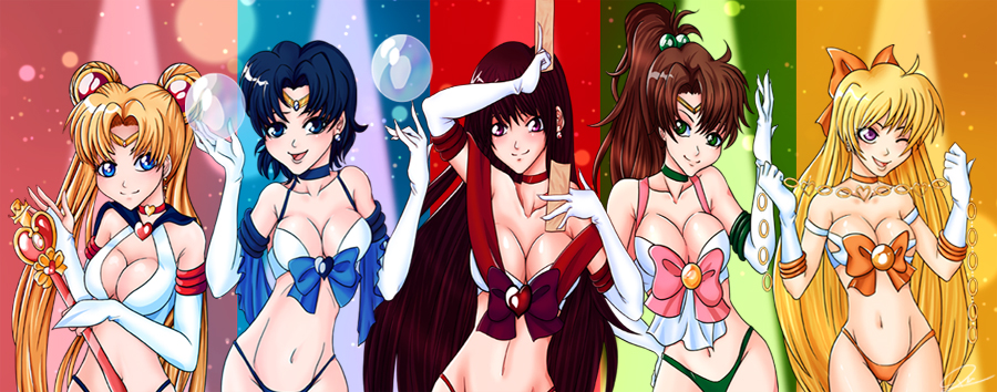 aino minako, hino rei, kino makoto, mizuno ami, sailor jupiter, sailor mars, sailor mercury, sailor moon, sailor venus, tsukino usagi, bishoujo senshi sailor moon, 1990s (style), adapted costume, alternate costume, bikini, black hair, blonde hair, blue eyes, blue hair, breasts, brown hair, green eyes, swimsuit