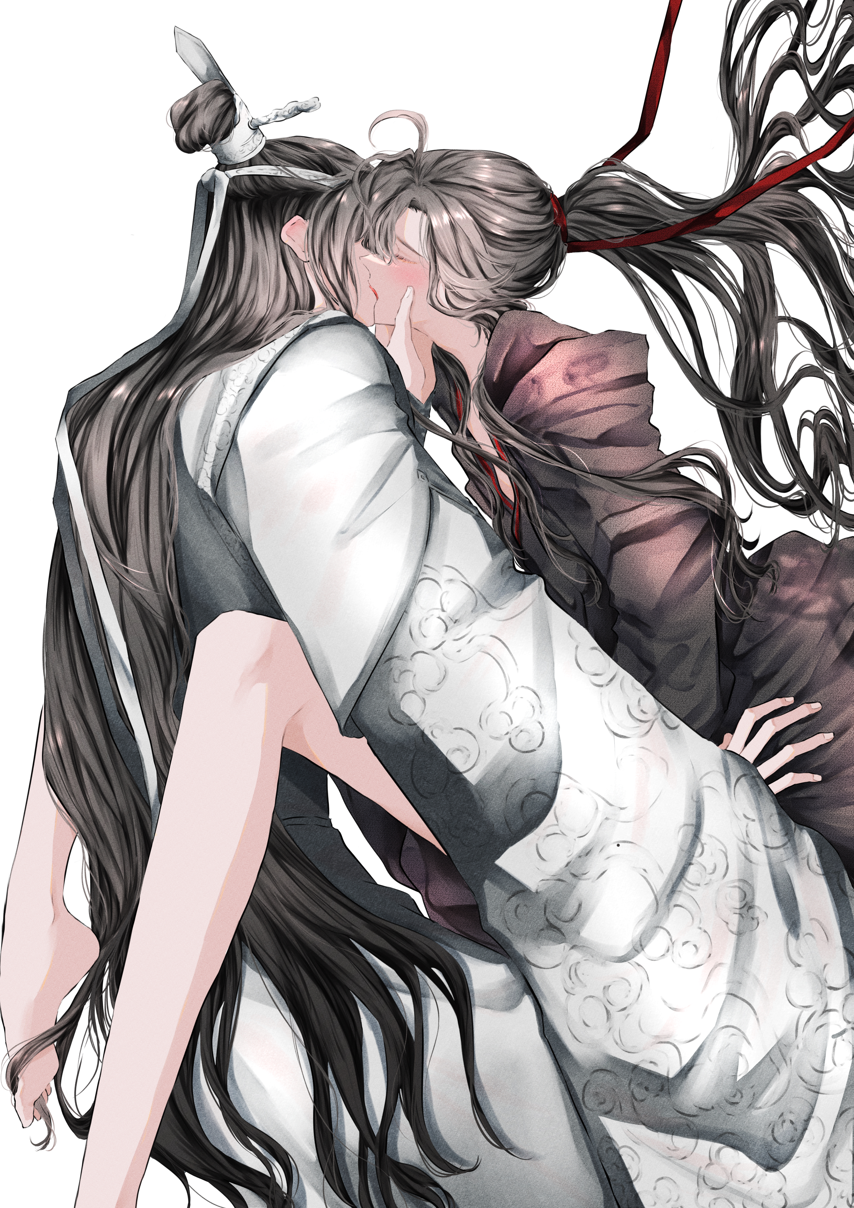 naruse (kmk648), lan wangji, wei wuxian, modao zushi, absurdres, highres, 2boys, ahoge, bare legs, barefoot, black hair, black hanfu, blush, chinese clothes, closed eyes, couple, floating hair, hair ribbon, hand on another's chin, hand on another's face, hanfu, headband, kiss, long hair, long sleeves, male focus, multiple boys, ponytail, profile, red ribbon, ribbon, robe, simple background, sitting, spread legs, topknot, very long hair, white background, white hanfu, white headband, wide sleeves, xiao guan (headdress), yaoi