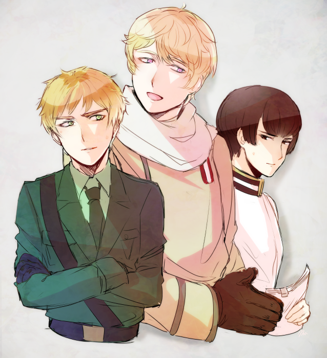 japan (hetalia), russia (hetalia), united kingdom (hetalia), axis powers hetalia, commentary request, 3boys, belt, black belt, black eyes, black gloves, blonde hair, breast pocket, brown gloves, brown hair, closed mouth, coat, collared shirt, crossed arms, empty eyes, gloves, green eyes, green jacket, green necktie, green shirt, grey background, hair between eyes, half-closed eyes, holding, holding paper, jacket, lapels, long sleeves, looking at another, male focus, medal, military, military jacket, military uniform, multiple boys, necktie, nrbrks, open mouth, paper, pocket, purple eyes, scarf, shirt, short hair, simple background, smile, sweatdrop, teeth, upper body, v-shaped eyebrows, white jacket, white scarf, yellow coat