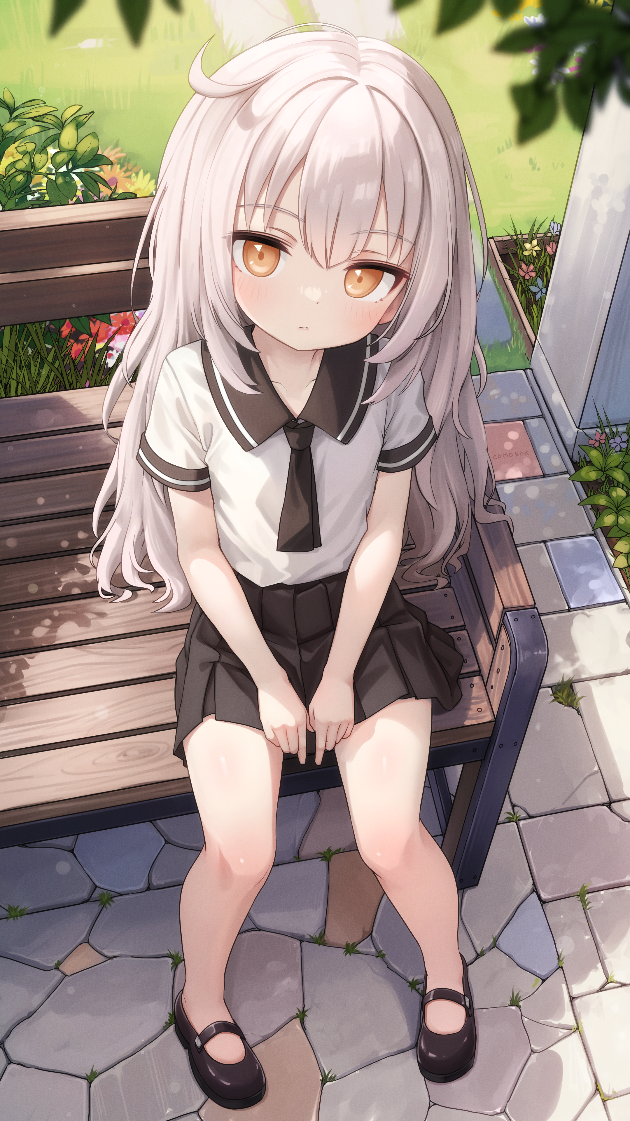 comodox, original, absurdres, commentary, english commentary, highres, paid reward available, variant set, 1girl, bench, black shoes, black skirt, closed mouth, from above, la aong (comodox), long hair, looking at viewer, mary janes, miniskirt, orange eyes, outdoors, park bench, pleated skirt, shirt, shoes, short sleeves, sitting, skirt, solo, white hair, white shirt