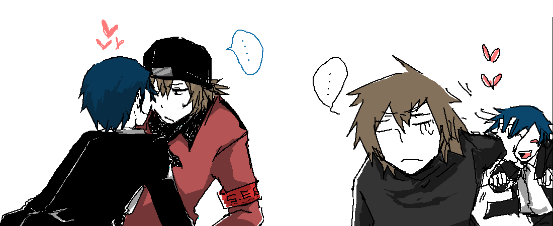 asi, aragaki shinjirou, yuuki makoto (persona 3), atlus, persona, persona 3, bad id, bad pixiv id, 2boys, beanie, blue hair, brown hair, hat, male focus, multiple boys, no headwear, oekaki, white background, yaoi