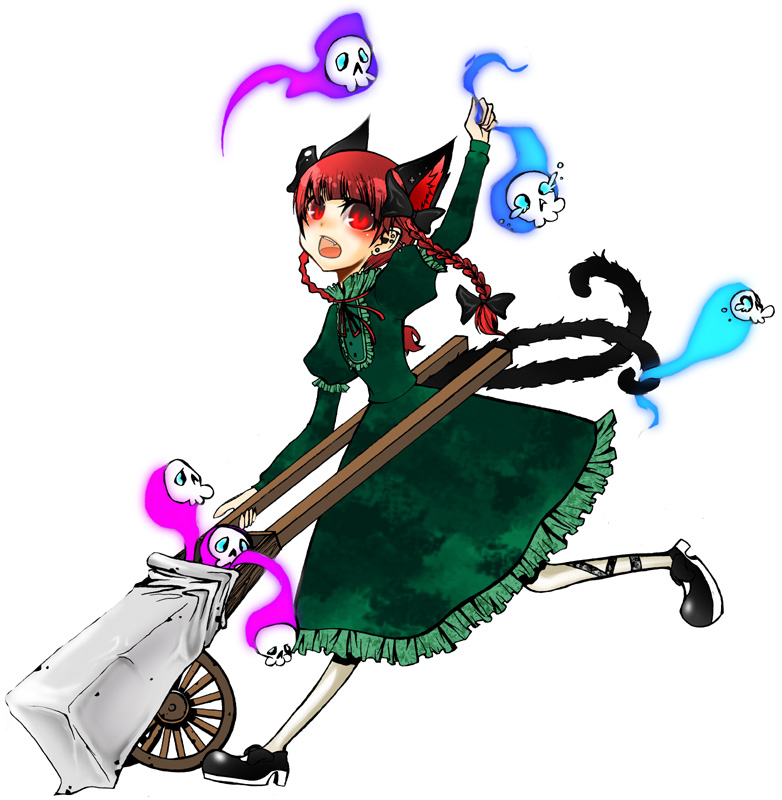 hoshi nawoki, nawoki seiyoukan, kaenbyou rin, touhou, bad id, bad pixiv id, 1girl, animal ears, braid, cat ears, cat girl, cat tail, female focus, ghost, hair ribbon, multiple tails, red eyes, red hair, ribbon, short hair, skull, solo, tail, twin braids, twintails, wheelbarrow