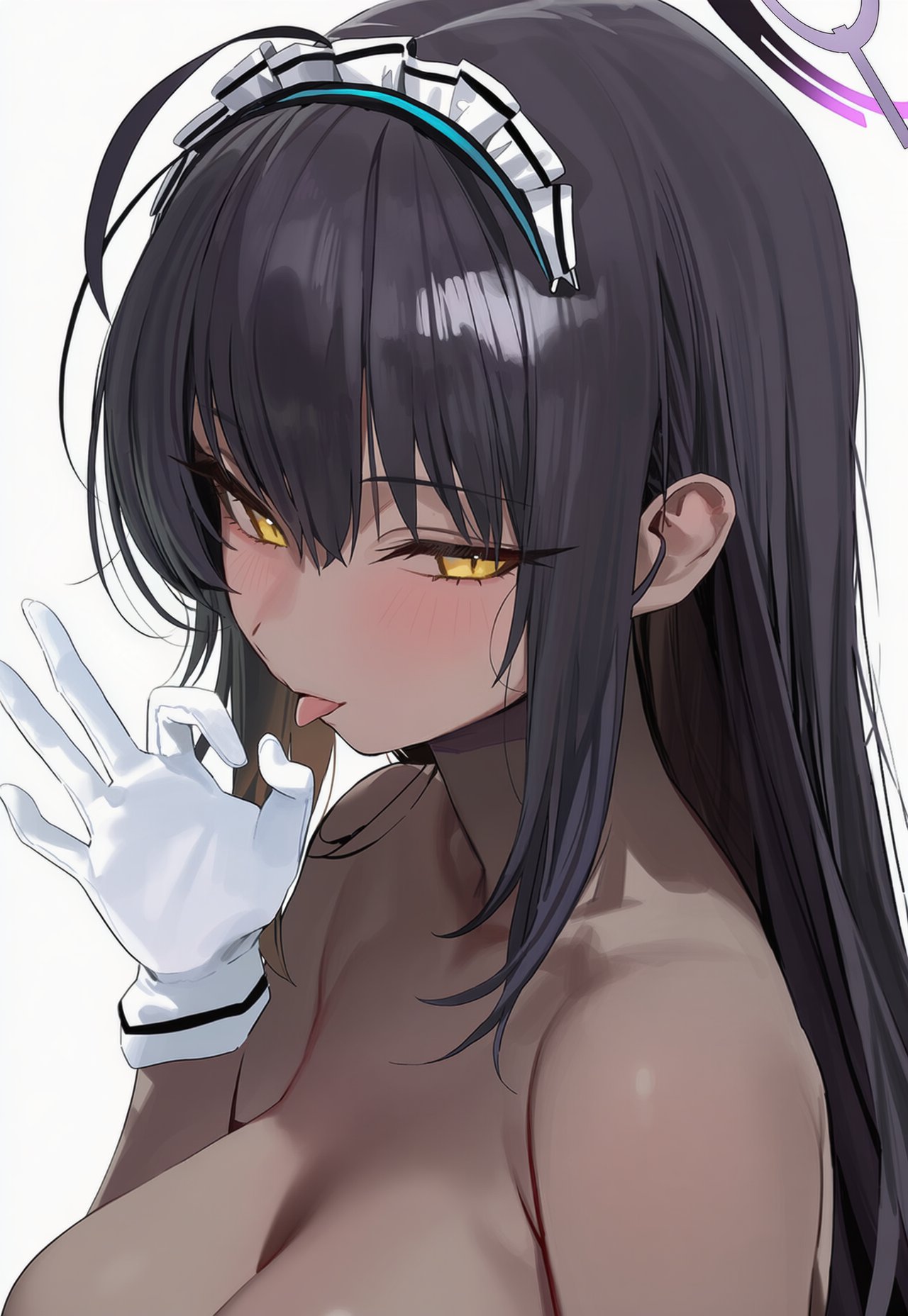 preview (preview0), karin (blue archive), blue archive, ai-assisted, commentary, highres, symbol-only commentary, 1girl, black hair, blush, breasts, cleavage, dark-skinned female, dark skin, gloves, halo, hand up, implied nudity, long hair, looking at viewer, maid headdress, purple halo, simple background, solo, tongue, tongue out, white background, white gloves, yellow eyes