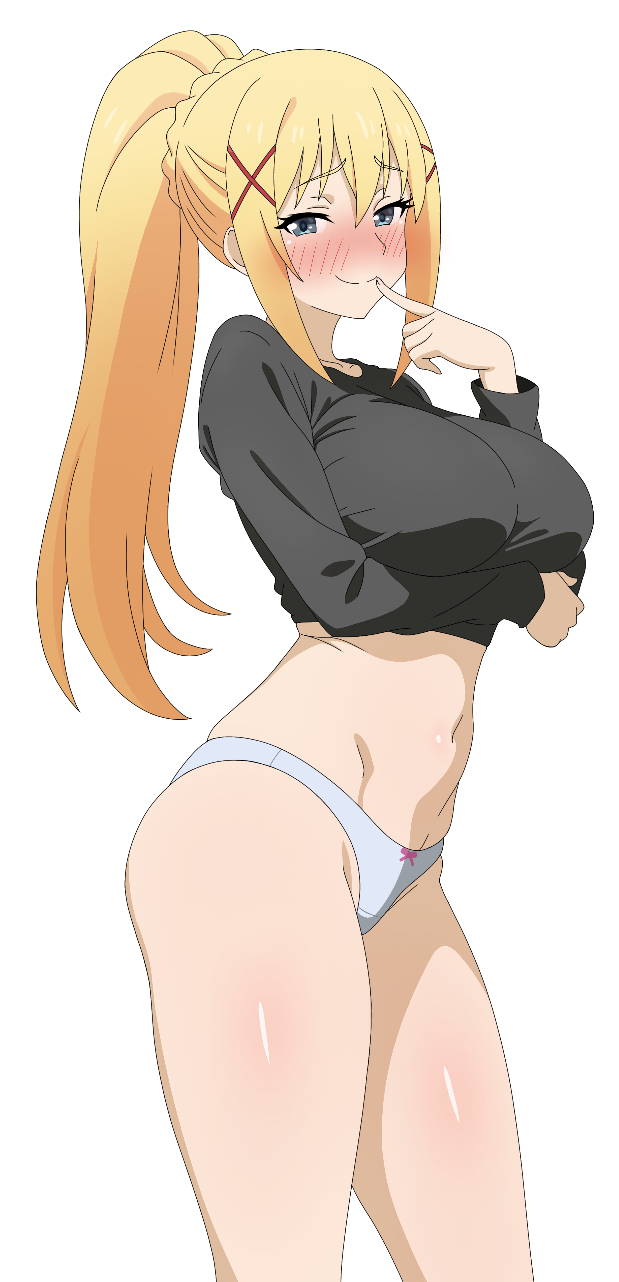 frixtied, darkness (konosuba), kono subarashii sekai ni shukufuku wo!, absurdres, highres, 1girl, adapted costume, arm under breasts, black shirt, blonde hair, blue eyes, blush, bow, bow panties, braid, breasts, closed mouth, cropped shirt, finger to mouth, hair ornament, hand up, large breasts, long hair, long sleeves, looking at viewer, navel, panties, ponytail, ponytail with braided base, shirt, simple background, smile, solo, standing, thighs, underwear, white background, white panties, x hair ornament