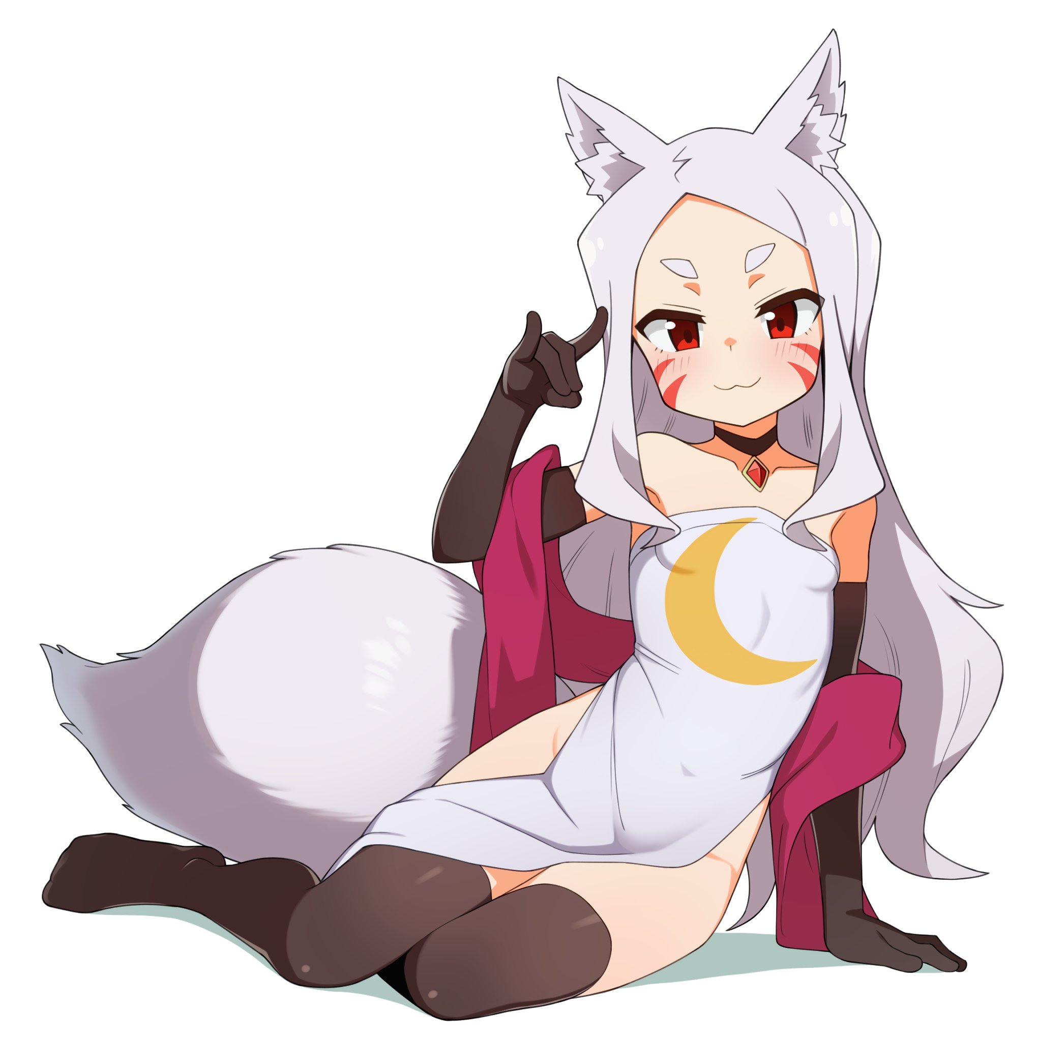 mikoscrub, shiro (sewayaki kitsune no senko-san), sewayaki kitsune no senko-san, commentary, highres, 1girl, :3, animal ear fluff, animal ears, black gloves, black thighhighs, elbow gloves, facial mark, fox ears, fox girl, fox shadow puppet, fox tail, full body, gloves, long hair, looking at viewer, lying, on side, red eyes, red shawl, shawl, short eyebrows, simple background, smile, solo, tail, thick eyebrows, thighhighs, whisker markings, white background, white hair