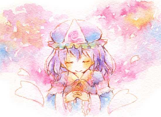 ketama no su, saigyouji yuyuko, touhou, bad id, bad pixiv id, painting (medium), traditional media, watercolor (medium), 1girl, blush, closed eyes, female focus, frilled sleeves, frills, hat, heart, interlocked fingers, long sleeves, purple hair, short hair, smile, solo, triangular headpiece, upper body, wide sleeves