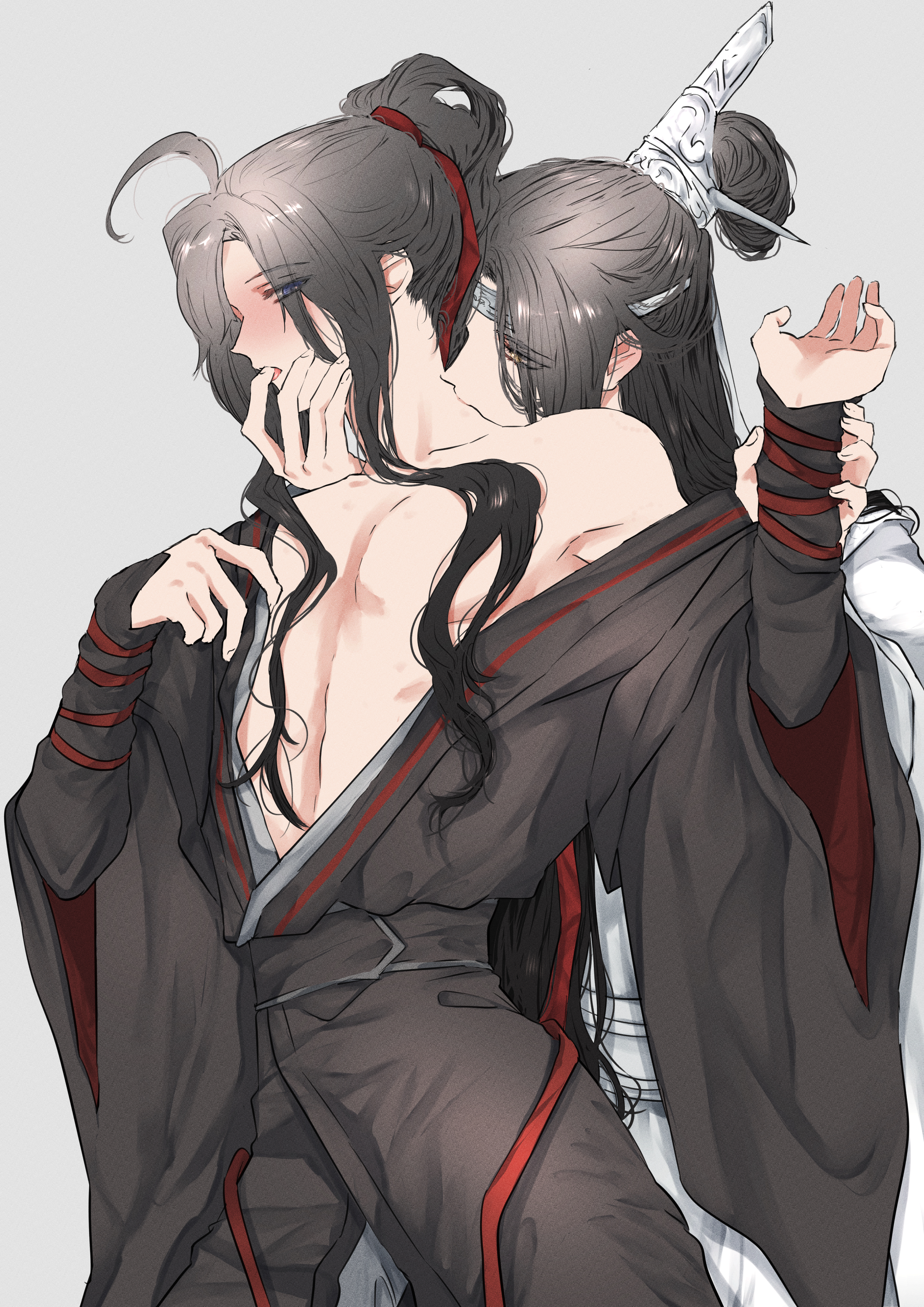 naruse (kmk648), lan wangji, wei wuxian, modao zushi, absurdres, highres, 2boys, ahoge, androgynous, bare pectorals, bare shoulders, bishounen, biting, black hair, black hanfu, blush, chinese clothes, collarbone, couple, eyes visible through hair, finger in another's mouth, grey background, hair ribbon, hand on another's face, hand up, hanfu, headband, high ponytail, holding another's wrist, long hair, long sleeves, looking at another, male focus, multiple boys, neck biting, off shoulder, open clothes, open robe, parted bangs, pectorals, ponytail, purple eyes, red ribbon, ribbon, robe, sidelocks, simple background, single bare shoulder, tongue, topknot, white headband, wide sleeves, xiao guan (headdress), yaoi, yellow eyes