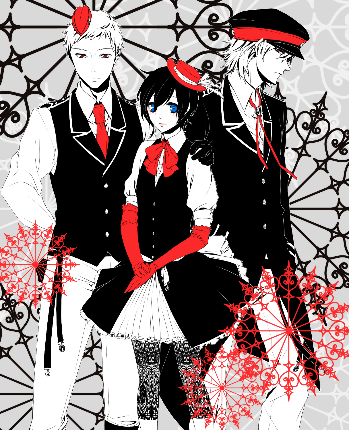 sushi (artist), aragaki shinjirou, sanada akihiko, yuuki makoto (persona 3), atlus, persona, persona 3, highres, 3boys, crossdressing, crossdressing (mtf), garrison cap, gloves, hat, leggings, male focus, multiple boys, peaked cap, school uniform, trap