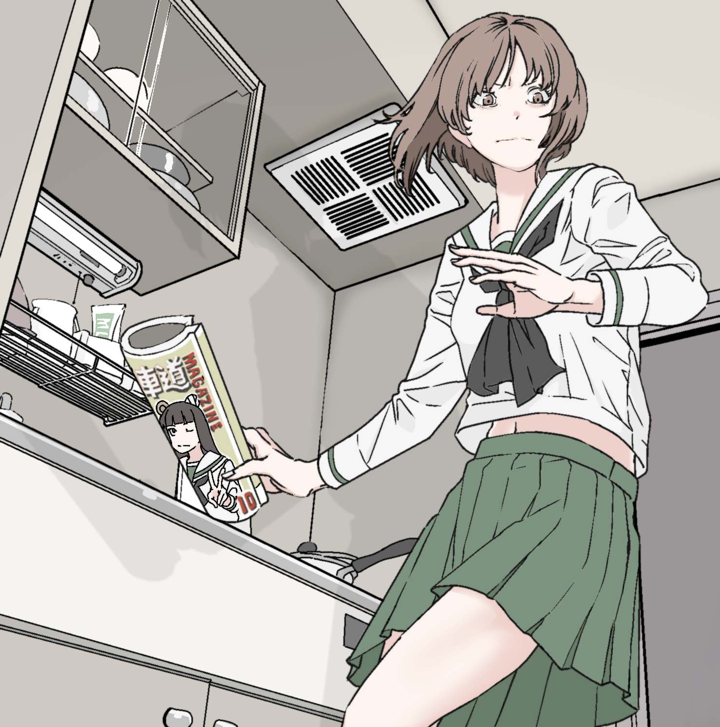 skrmtl, nishizumi miho, girls und panzer, highres, 1girl, breasts, brown eyes, brown hair, closed mouth, kitchen, long sleeves, magazine (object), magazine (weapon), ooarai school uniform, pleated skirt, saucepan, school uniform, serafuku, shirt, short hair, skirt, solo, standing, white shirt
