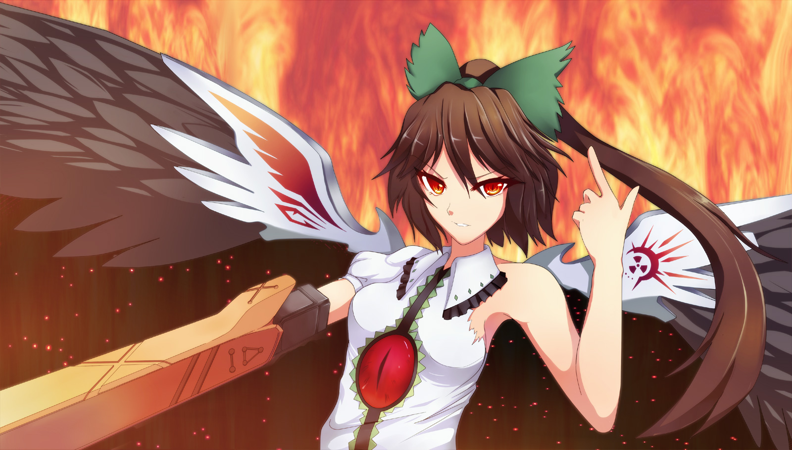 greave (asterism), reiuji utsuho, touhou, highres, 1girl, alternate hairstyle, bow, breasts, brown hair, female focus, hair bow, long hair, ponytail, red eyes, short hair, solo, upper body, wings