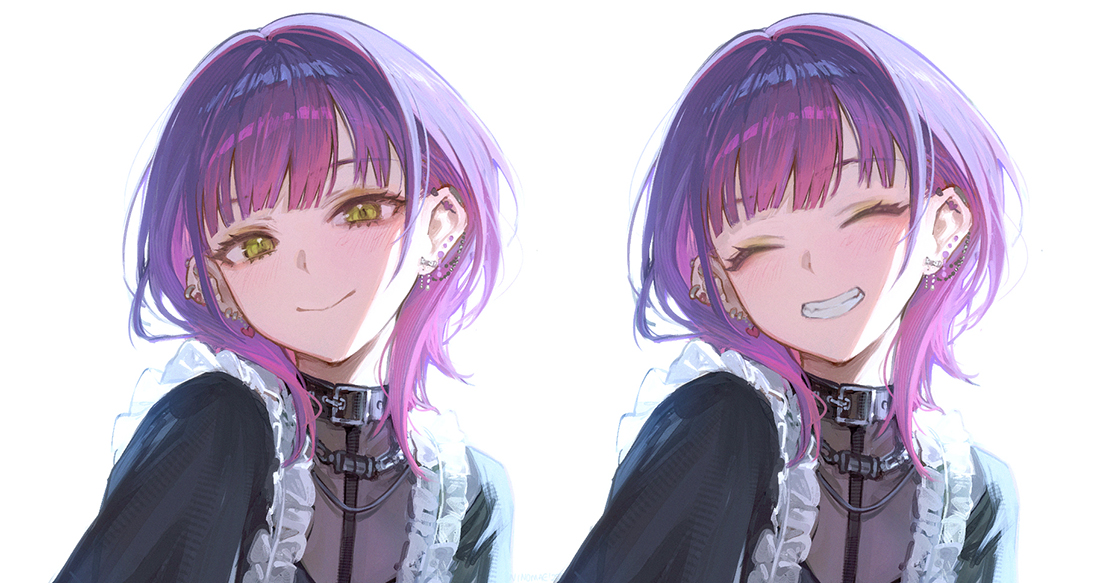 ninomae ina'nis (artist), tokoyami towa, hololive, commentary, english commentary, making-of available, 1girl, barbell piercing, black collar, black shirt, blunt bangs, chain, chain earrings, collar, demon girl, ear piercing, earclip, earrings, frilled straps, gradient hair, green eyes, grin, industrial piercing, jewelry, looking at viewer, medium hair, multicolored hair, official alternate costume, piercing, pink hair, purple hair, shirt, simple background, smile, virtual youtuber, white background