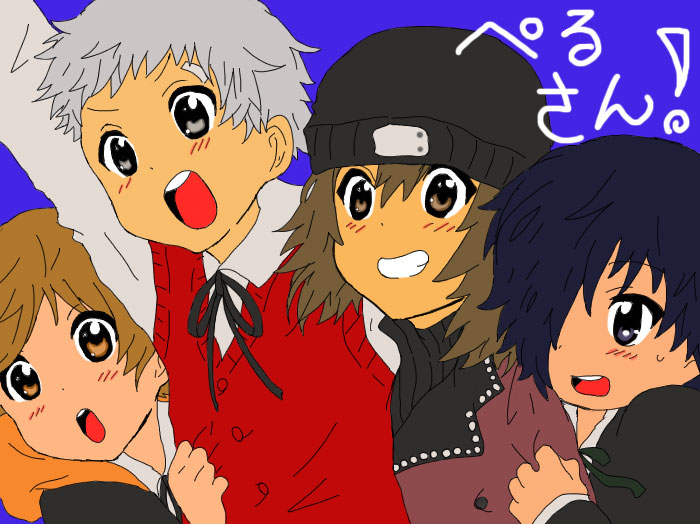 kasame (kasagumo), amada ken, aragaki shinjirou, sanada akihiko, yuuki makoto (persona 3), atlus, k-on!, persona, persona 3, bad id, bad pixiv id, 4boys, beanie, blue hair, brown hair, hat, male focus, multiple boys, parody, shuhana, style parody, white hair