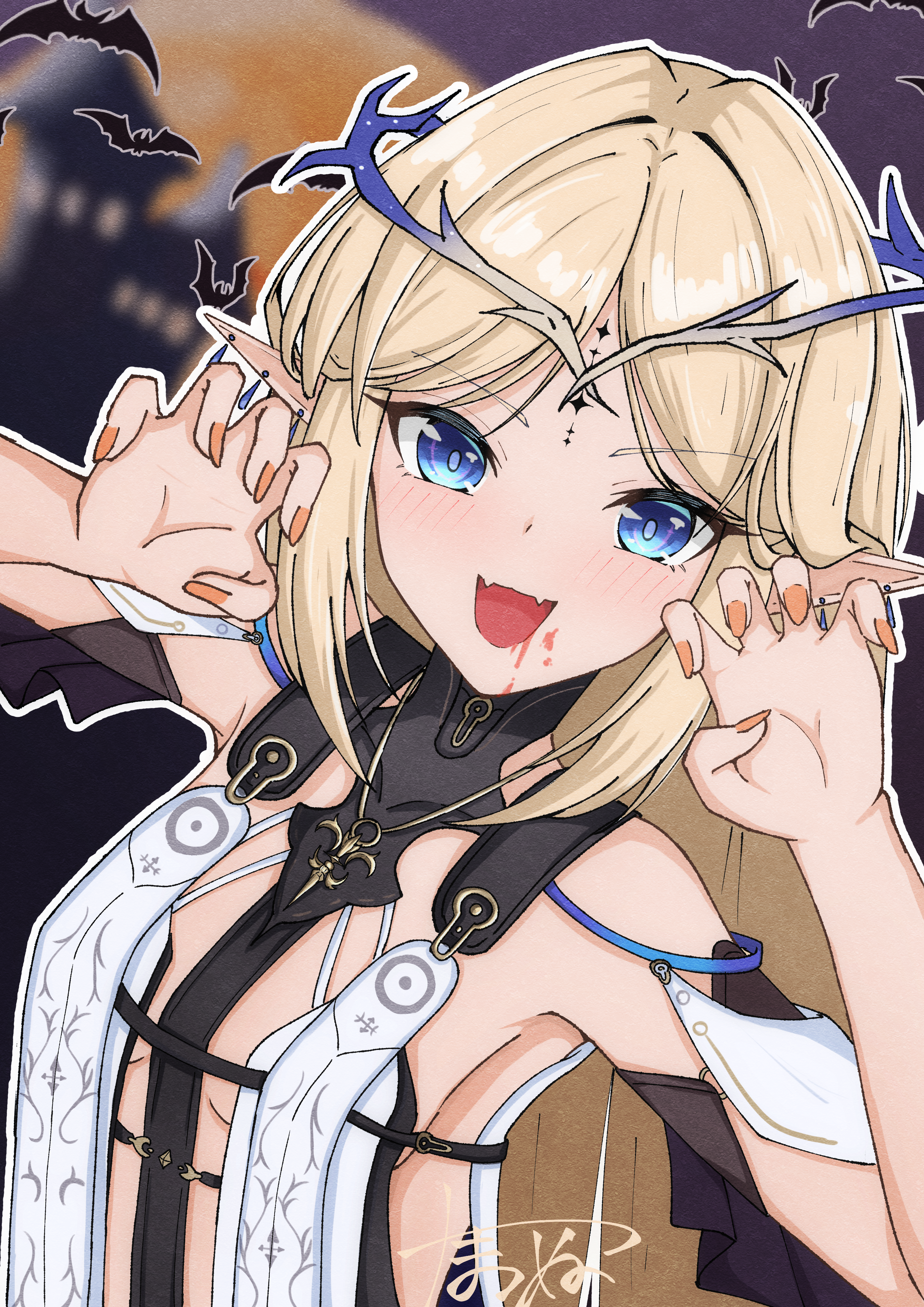 tama es45 nyan, cartethyia (wuthering waves), wuthering waves, absurdres, commentary request, highres, partial commentary, 1girl, :d, bare shoulders, blonde hair, blood, blood from mouth, blue eyes, blurry, blurry background, breasts, breasts apart, claw pose, crown of thorns, earrings, fangs, fingernails, flat color, fleur-de-lis, hands up, jewelry, light blush, long fingernails, long hair, looking at viewer, middle part, multiple earrings, nail polish, necklace, open mouth, orange nails, parted bangs, pendant, pointy ears, sideboob, sideless outfit, skin fangs, small breasts, smile, smug, solo, stole, straight hair, tacet mark (wuthering waves), upper body