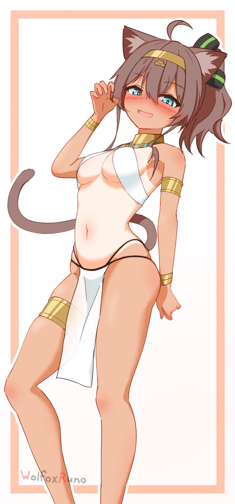 natsuiro matsuri, hololive, artist request, 1girl, ahoge, ancient egyptian, ancient egyptian clothes, animal ear fluff, animal ears, bikini, black ribbon, blue eyes, blush, bracelet, breasts, brown hair, cat ears, cat girl, cat tail, claw pose, cleavage, gold armband, gold bracelet, gold choker, gold hairband, hair ribbon, hairband, jewelry, medium breasts, medium hair, navel, necklace, one-piece tan, open mouth, pelvic curtain, ponytail, ribbon, skindentation, smile, solo, standing, swimsuit, tail, tan, tanline, thigh strap, virtual youtuber, white background, white bikini, wolfoxruno