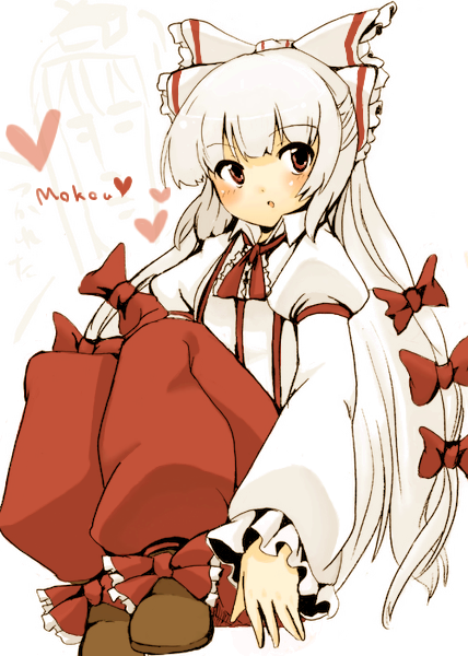 46 (siro), fujiwara no mokou, touhou, bad id, bad pixiv id, 1girl, blush, bow, collared shirt, female focus, footwear bow, frilled bow, frilled sleeves, frills, hair bow, heart, juliet sleeves, long hair, long sleeves, multiple hair bows, neck ribbon, open mouth, pants, puffy sleeves, red eyes, ribbon, shirt, shoes, solo, white background, white hair, wide sleeves