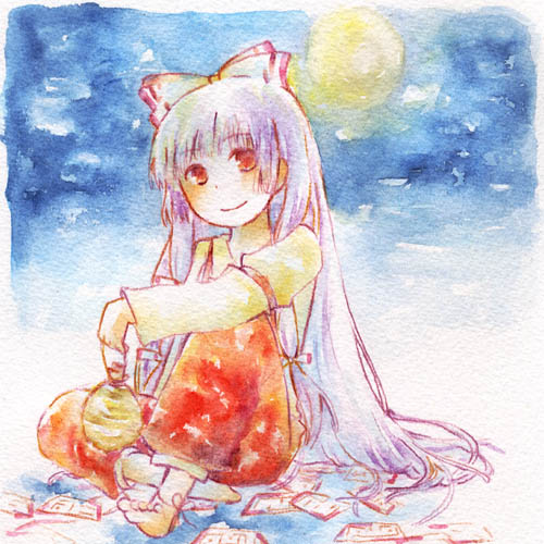 ketama no su, fujiwara no mokou, touhou, bad id, bad pixiv id, lowres, traditional media, 1girl, barefoot, cloud, female focus, outdoors, sitting, sky, solo
