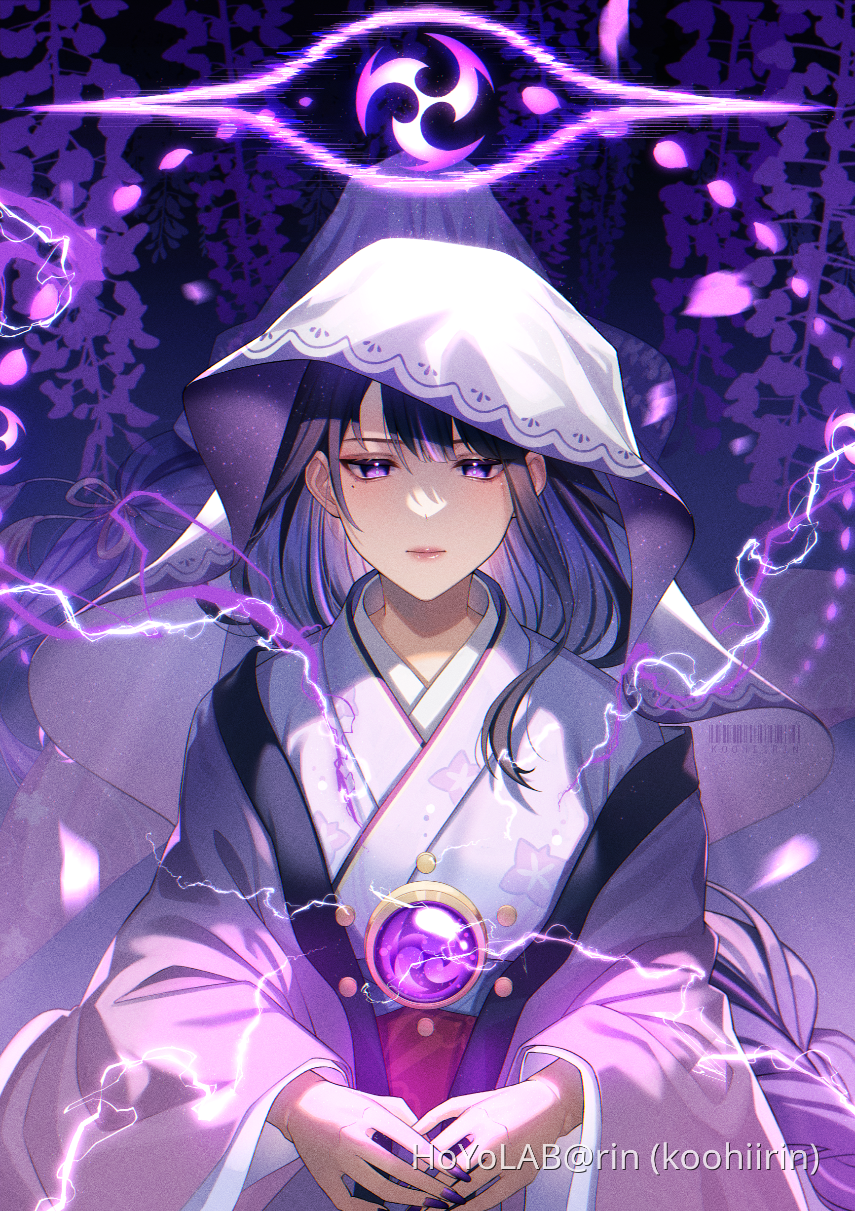 cofyrin, raiden shogun, genshin impact, absurdres, commentary, english commentary, highres, 1girl, alternate costume, alternate universe, artist name, blue pupils, blunt bangs, blurry, cherry blossoms, closed mouth, cosplay, depth of field, electricity, electro symbol (genshin impact), falling petals, floral print, floral print kimono, glowing, gradient hair, hoyolab username, japanese clothes, kimono, layered kimono, light blush, light particles, long hair, long sleeves, looking down, mitsudomoe (shape), mole, mole under eye, multicolored eyes, multicolored hair, own hands together, petals, pink lips, pink petals, powering up, print kimono, purple background, purple eyes, purple hair, purple kimono, purple nails, red sash, reflection, sash, shade, solo, statue of the seven, statue of the seven (cosplay), streaked hair, tomoe (symbol), upper body, veil, watermark, wide sleeves