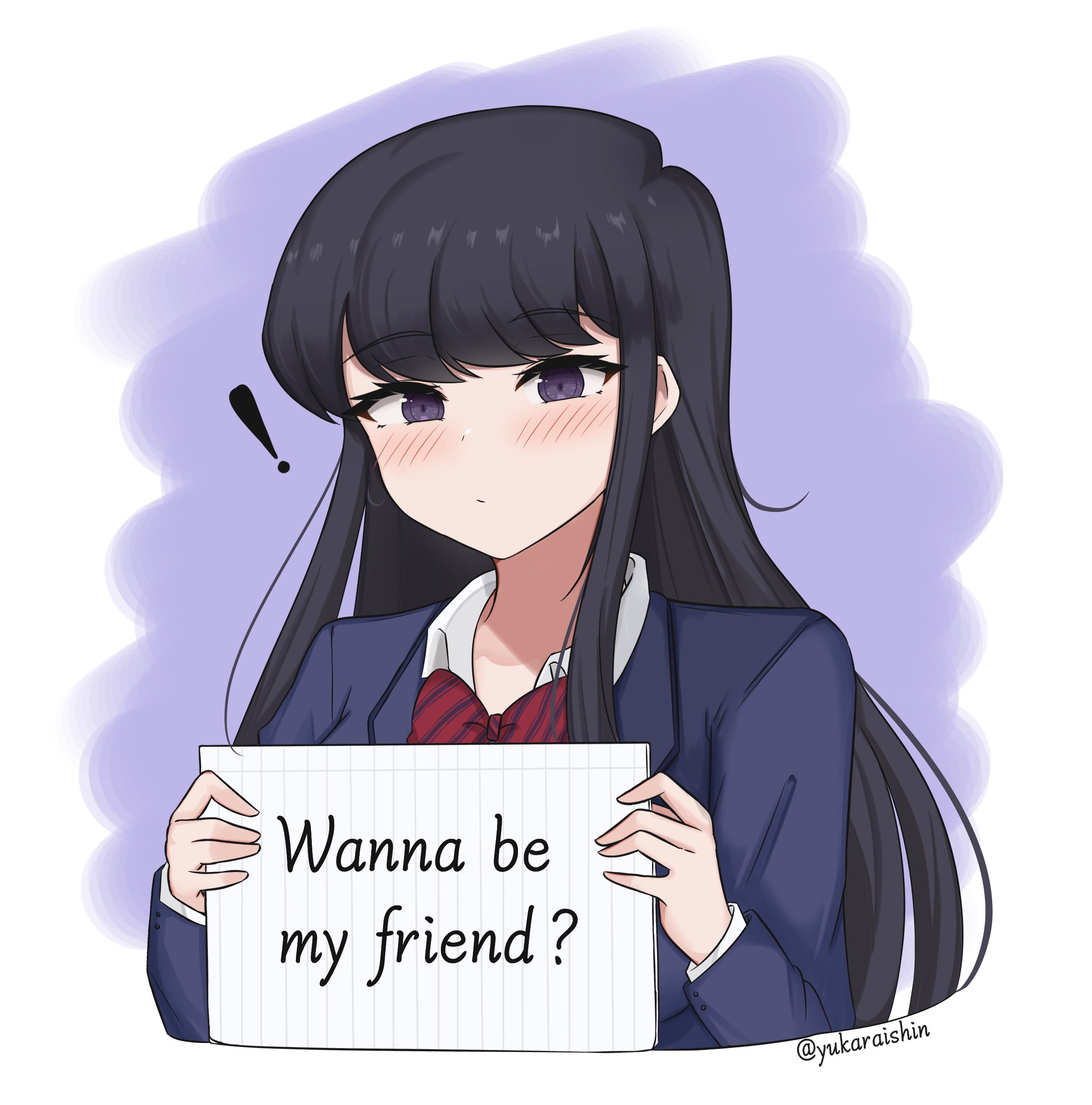 yukaraishin, komi shouko, komi-san wa komyushou desu, absurdres, commentary, highres, !, 1girl, black eyes, black hair, blue jacket, blush, bow, bowtie, closed mouth, cropped torso, diagonal-striped bow, diagonal-striped bowtie, diagonal-striped clothes, dot mouth, english text, holding, holding paper, itan private high school uniform, jacket, long hair, long sleeves, looking at viewer, paper, purple background, red bow, red bowtie, school uniform, solo, striped bow, striped bowtie, striped clothes, swept bangs, white background