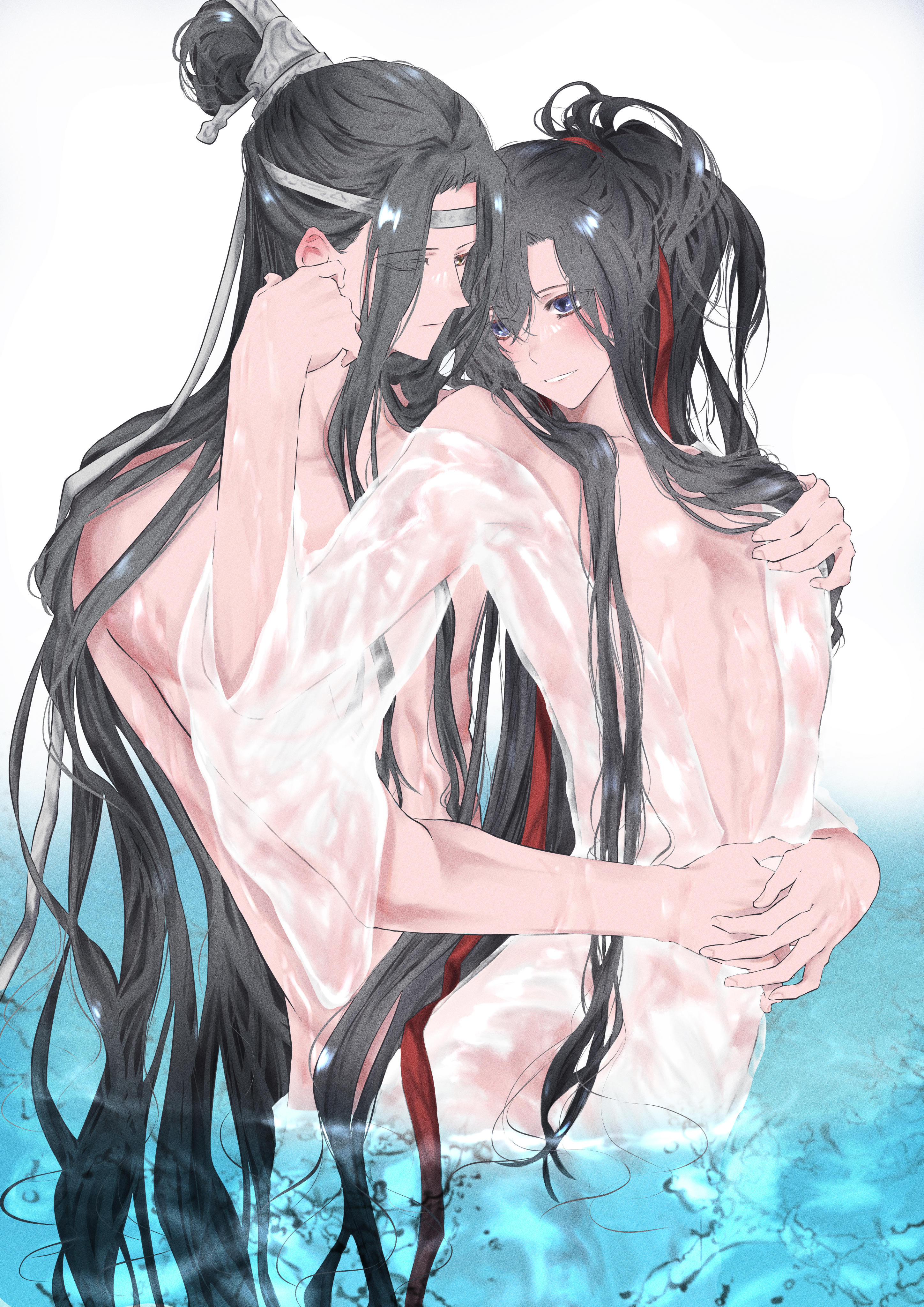 naruse (kmk648), lan wangji, wei wuxian, modao zushi, absurdres, highres, 2boys, alternate costume, androgynous, bathrobe, bishounen, black hair, blush, closed mouth, couple, hair ribbon, hand on another's face, hand on another's shoulder, hand up, hands on another's stomach, headband, hug, hug from behind, long hair, looking at another, male focus, multiple boys, nude, off shoulder, parted lips, partially submerged, pectorals, ponytail, purple eyes, red ribbon, ribbon, robe, see-through clothes, sidelocks, single bare shoulder, smile, topknot, trap, very long hair, wading, water, wet, wet clothes, white background, white headband, white robe, wide sleeves, xiao guan (headdress), yaoi, yellow eyes
