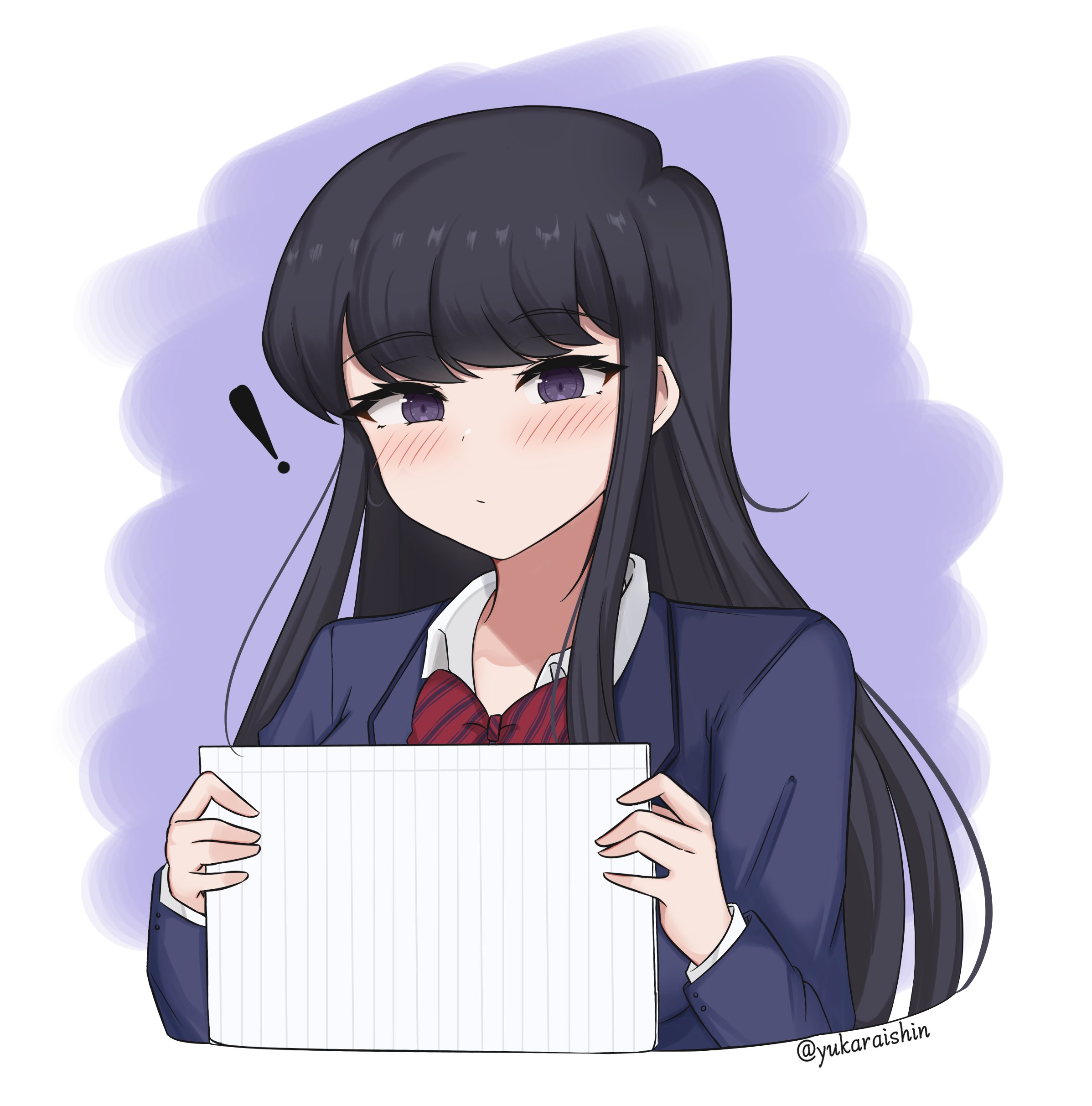 yukaraishin, komi shouko, komi-san wa komyushou desu, absurdres, commentary, highres, textless version, !, 1girl, black eyes, black hair, blue jacket, blush, bow, bowtie, closed mouth, cropped torso, diagonal-striped bow, diagonal-striped bowtie, diagonal-striped clothes, dot mouth, holding, holding paper, itan private high school uniform, jacket, long hair, long sleeves, looking at viewer, paper, purple background, red bow, red bowtie, school uniform, solo, striped bow, striped bowtie, striped clothes, swept bangs, white background