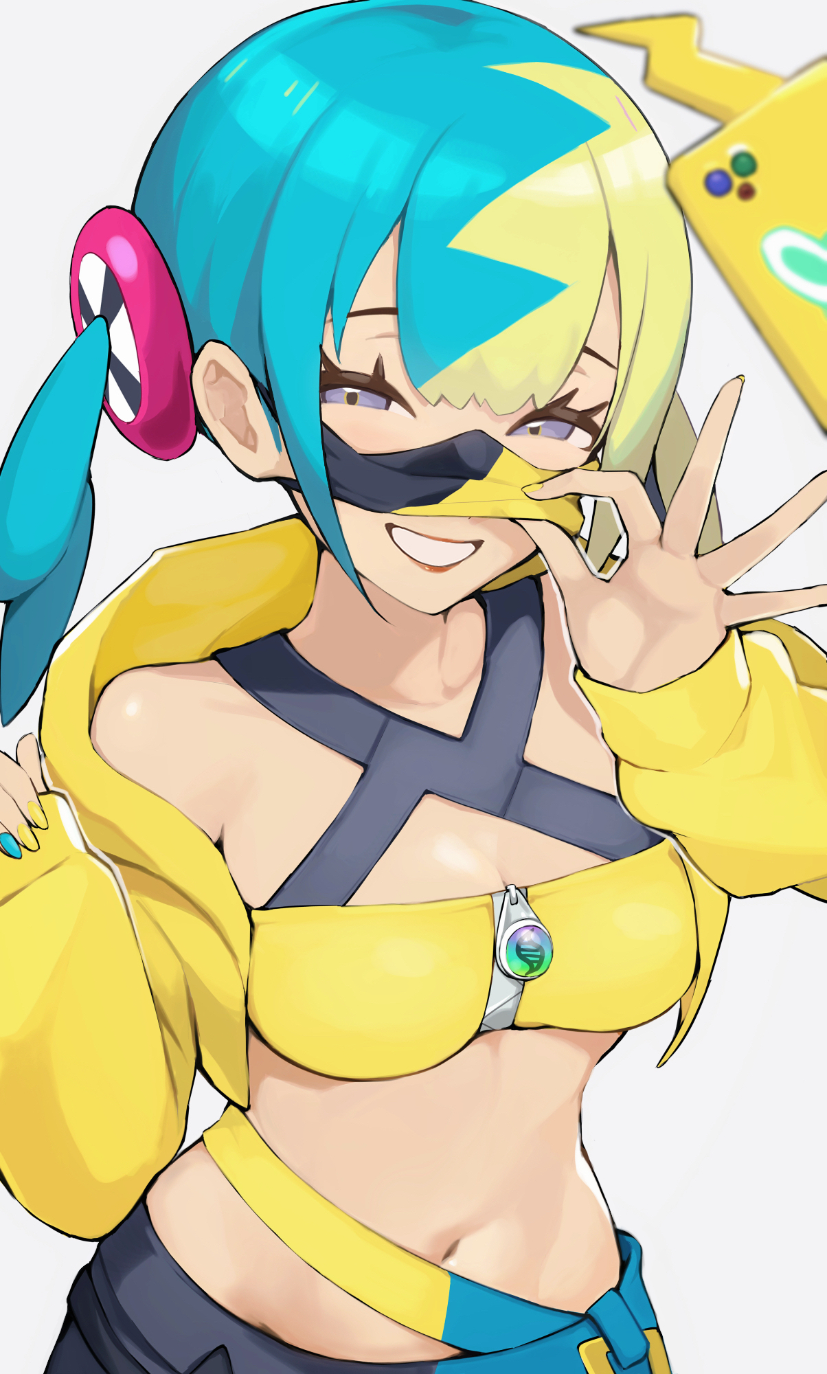 ura (hamburg oniku), canari (pokemon), nintendo, pokemon, pokemon legends: z-a, commentary request, highres, 1girl, aqua hair, aqua nails, aqua pants, black mask, black pants, blonde hair, breasts, criss-cross straps, cropped jacket, jacket, looking at viewer, mask lift, medium breasts, multicolored hair, multicolored nails, navel, ok sign, pants, purple eyes, simple background, smile, solo, split-color hair, sports bra, two-tone mask, two-tone pants, white background, yellow jacket, yellow mask, yellow nails, yellow sports bra
