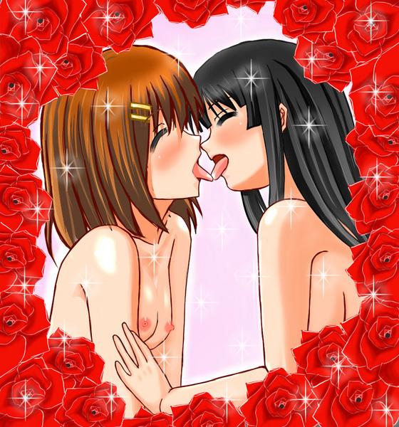 akiyama mio, hirasawa yui, k-on!, arm grab, 00s, 2girls, bare shoulders, black hair, blush, brown hair, closed eyes, flat chest, flower, french kiss, hair ornament, hairclip, happy, hime cut, kiss, loli, long hair, multiple girls, nipples, nude, open mouth, rose, short hair, tongue, yuri