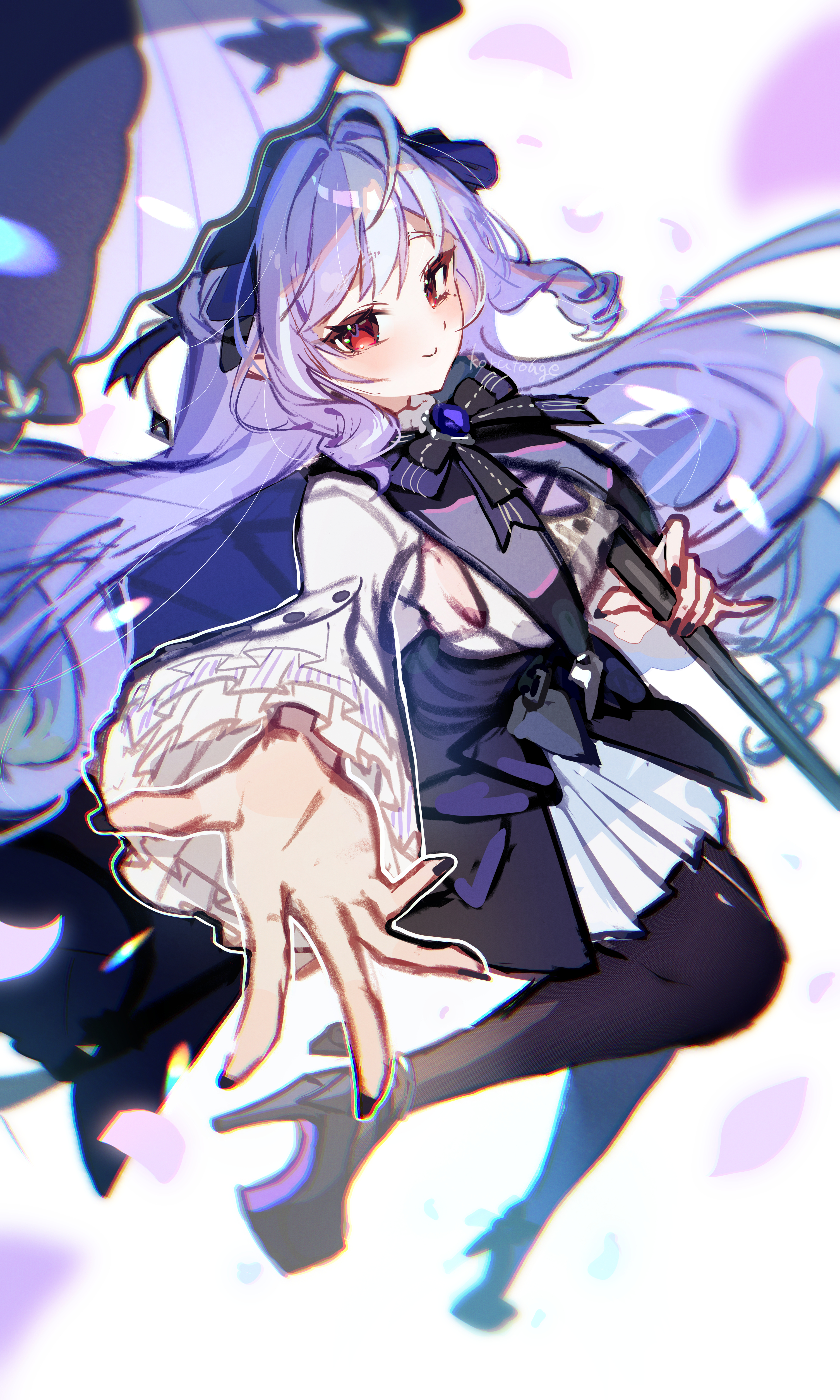 wzoarrylmovmuju, vivian banshee, zenless zone zero, absurdres, highres, 1girl, black pantyhose, black shoes, closed mouth, dress, grey hair, high heels, holding, holding umbrella, long hair, looking at viewer, multicolored hair, outstretched arm, pantyhose, pointy ears, purple hair, red eyes, shoes, smile, solo, streaked hair, umbrella, very long hair, white dress