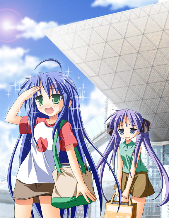hiiragi kagami, izumi konata, lucky star, 2girls, bag, blue hair, green eyes, long hair, multiple girls, purple hair, sweat, twintails, very long hair