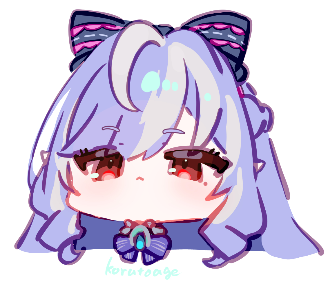 wzoarrylmovmuju, vivian banshee, zenless zone zero, commentary request, 1girl, ahoge, closed mouth, grey hair, long hair, looking at viewer, multicolored hair, pointy ears, purple hair, red eyes, short eyebrows, solo, streaked hair, very long hair, white background