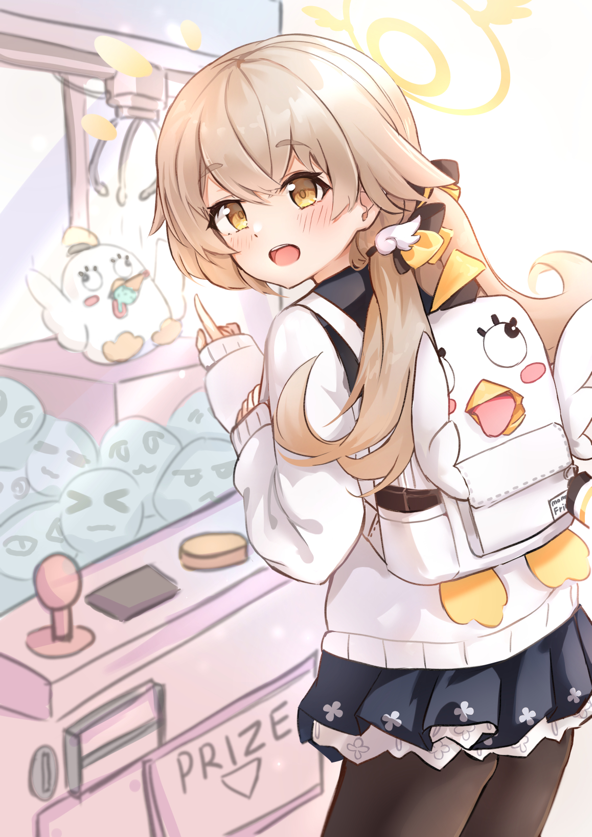 ohbuya, hifumi (blue archive), peroro (blue archive), blue archive, highres, backpack, bag, black leggings, blush, crane game, from behind, halo, leggings, long hair, looking back, low twintails, open mouth, pleated skirt, school uniform, skirt, twintails, yellow eyes