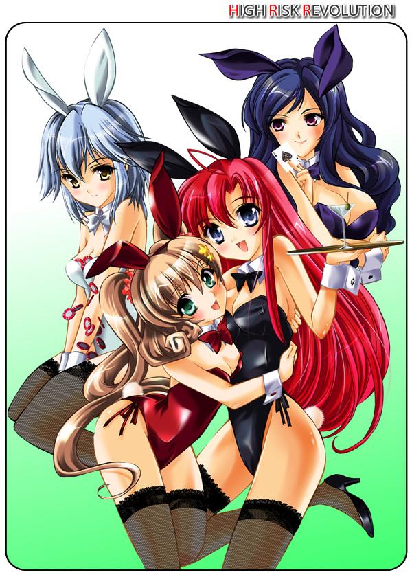 4girls, animal ears, blue hair, blush, breasts, card, cleavage, green eyes, high heels, hug, long hair, looking at viewer, multiple girls, playboy bunny, purple eyes, rabbit ears, red hair, shoes, smile, thighhighs, waitress