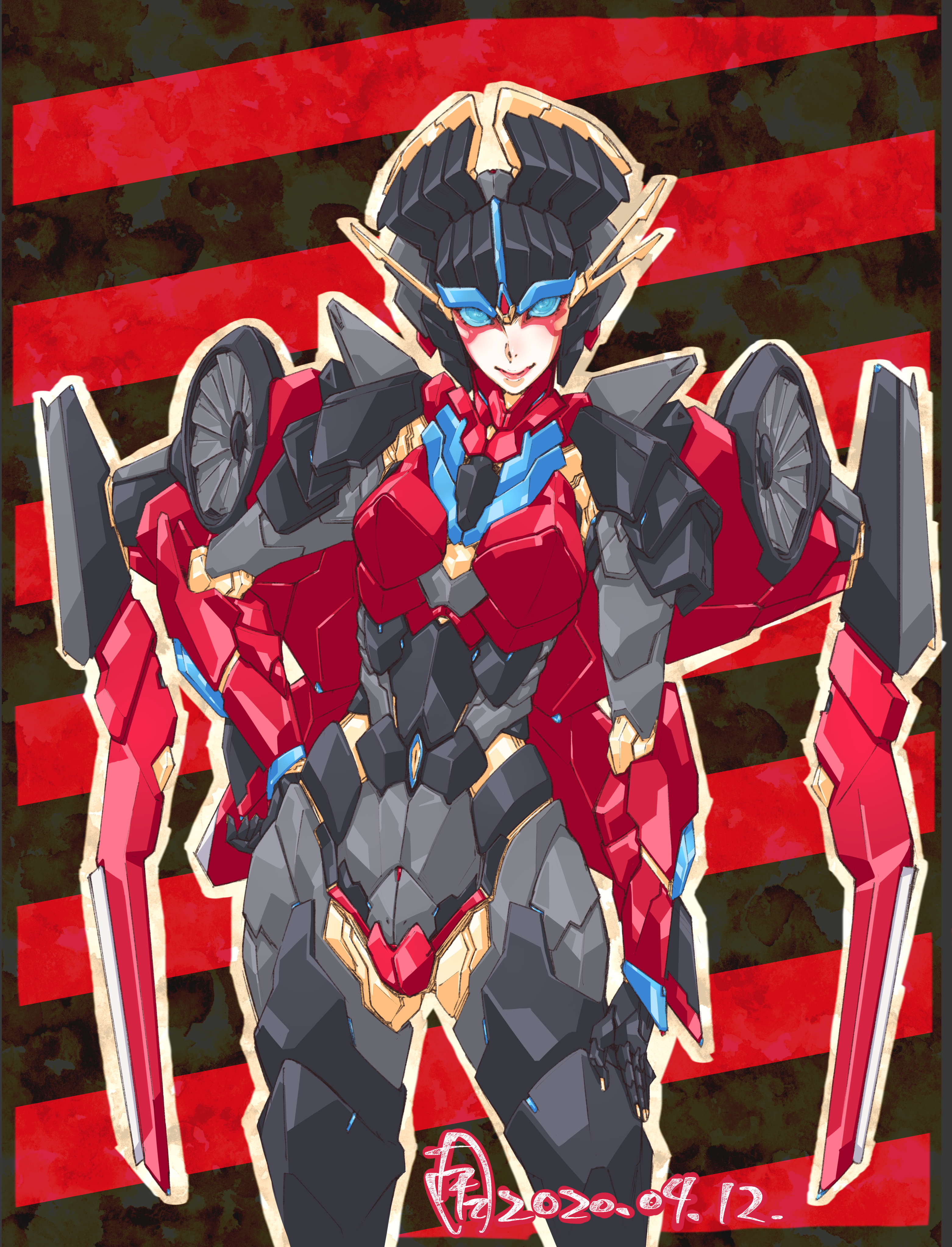 tatsuta shin'ichi, windblade, transformers, absurdres, highres, 1girl, airplane wing, blue eyes, breasts, crotch plate, flame toys, flame toys windblade, hand on own hip, humanoid robot, mechanical wings, medium breasts, metal skin, robot, robot girl, thighs, wings