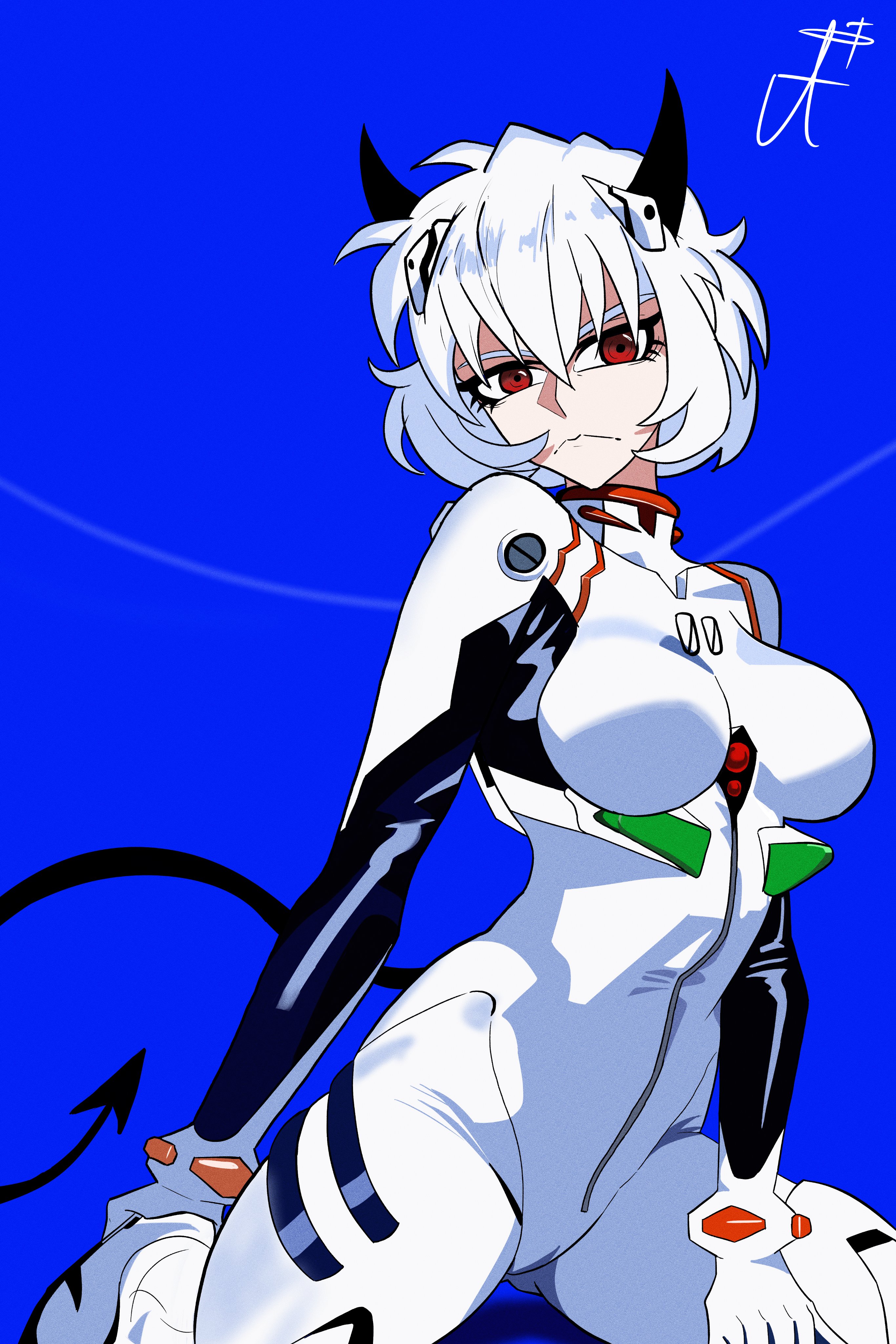 malina (helltaker), helltaker, neon genesis evangelion, absurdres, highres, 1girl, angelic-night, annoyed, black horns, blue background, bodysuit, crossover, demon, demon girl, demon horns, demon tail, horns, looking at viewer, red eyes, sitting, tail, wariza, white hair