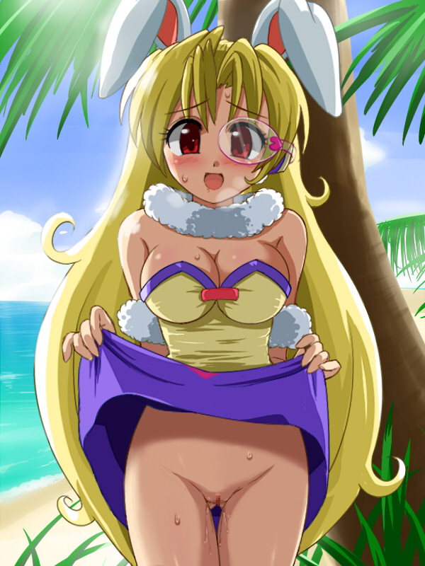 tagme, animal ears, beach, blonde hair, blush, breasts, censored, cleavage, clothes lift, long hair, no panties, open mouth, pussy juice, rabbit ears, red eyes, skirt, skirt lift, smile, very long hair