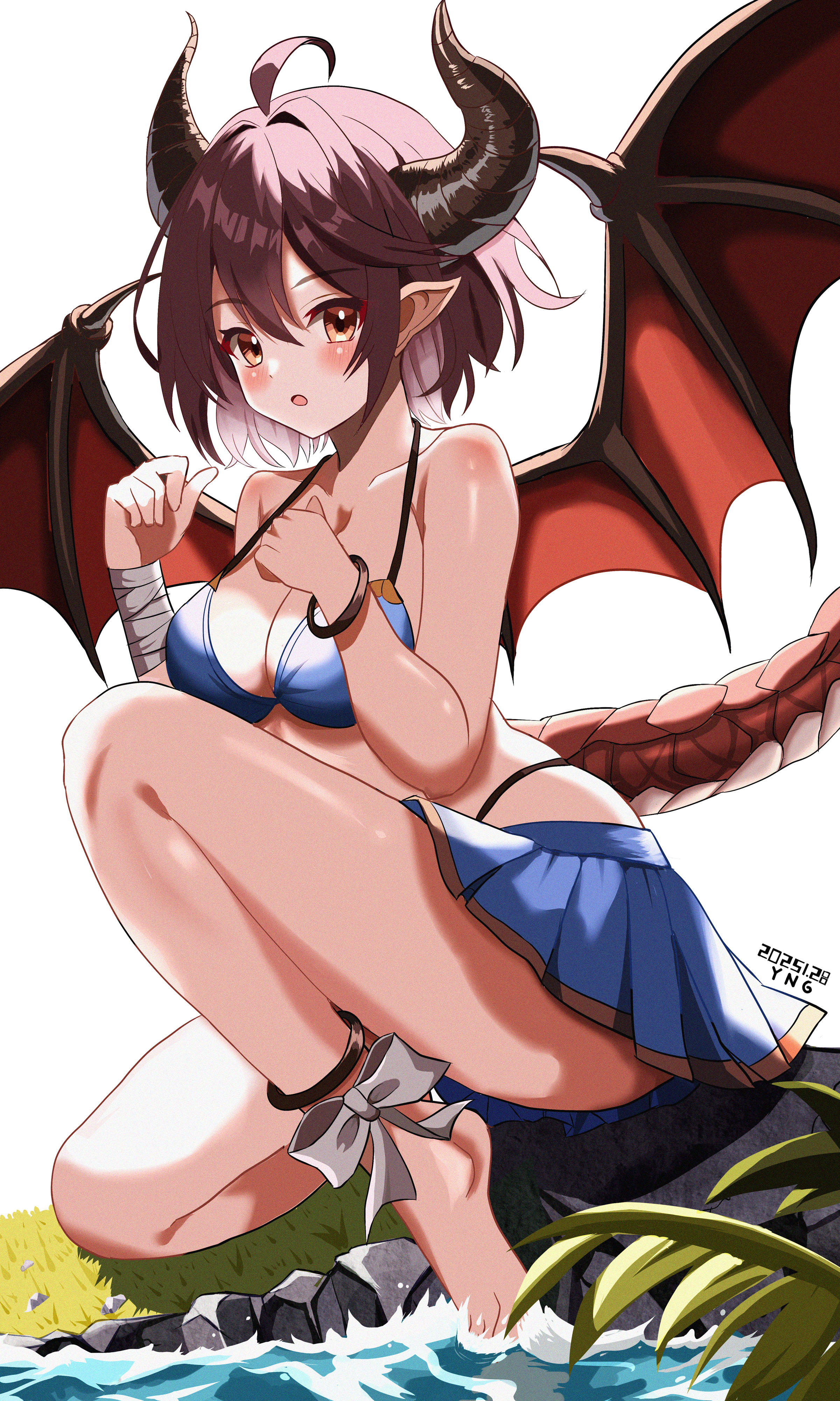 yanapy, grea (shingeki no bahamut), grea (summer) (shingeki no bahamut), granblue fantasy, manaria friends, absurdres, commentary request, highres, 1girl, ahoge, ankle ribbon, bare shoulders, bikini, bikini skirt, blue bikini, blush, breasts, brown eyes, cleavage, collared shirt, dragon girl, dragon horns, dragon tail, dragon wings, horns, leg ribbon, looking at viewer, medium breasts, open mouth, pointy ears, ribbon, shirt, short hair, solo, swimsuit, tail, white ribbon, wings
