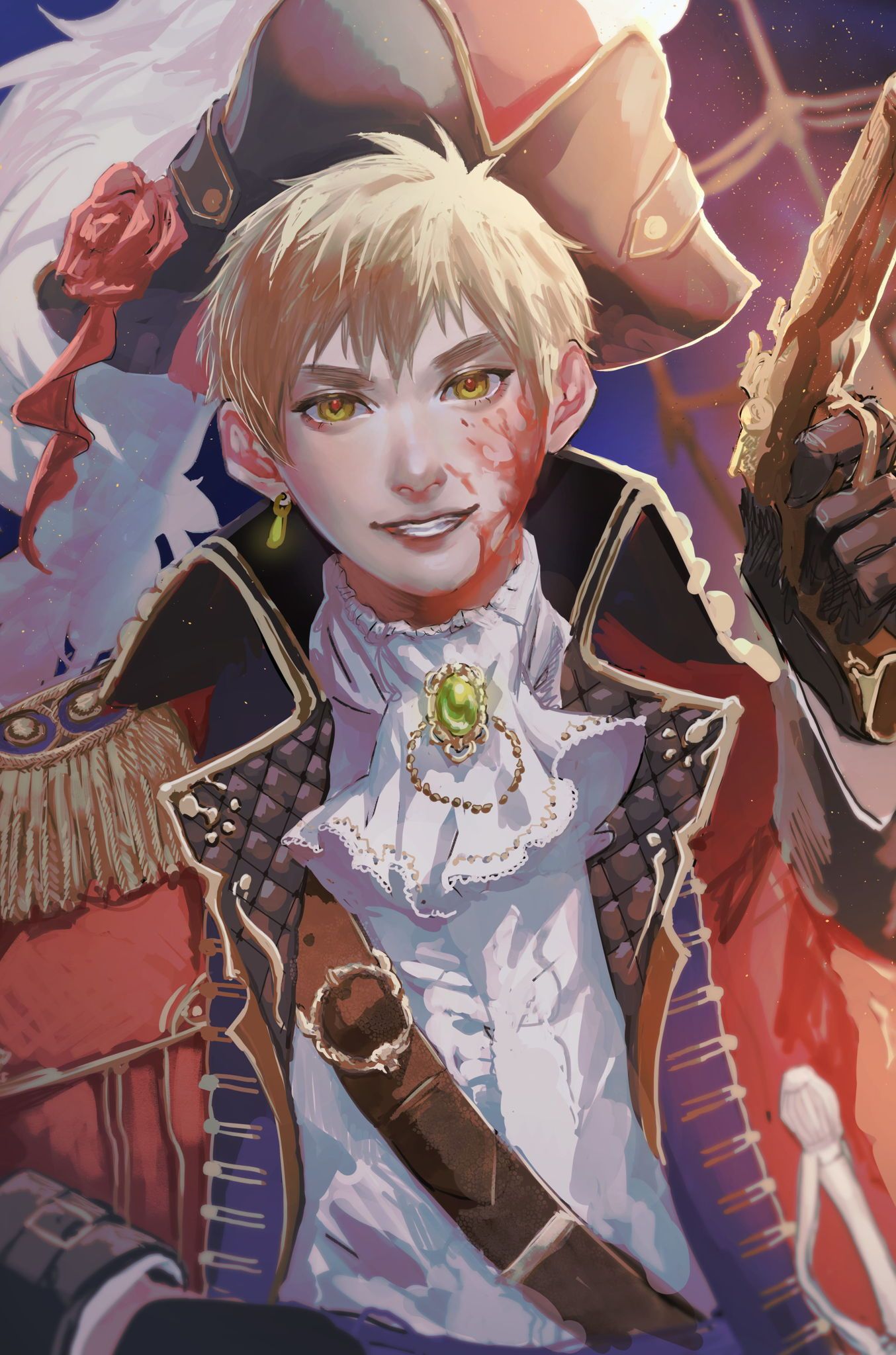 markka ph, united kingdom (hetalia), axis powers hetalia, highres, 1boy, ascot, belt, black gloves, black hat, blonde hair, blood, blood on face, blue sky, brown belt, chain, earrings, epaulettes, flower, frills, gem, gloves, gold chain, green eyes, green gemstone, gun, hair between eyes, hand up, handgun, hat, hat feather, hat flower, hat ornament, holding, holding gun, holding weapon, jacket, jewelry, lapels, lips, long sleeves, looking at viewer, male focus, military, military hat, military jacket, military uniform, night, night sky, open clothes, open jacket, outdoors, pendant, red flower, red jacket, red rose, rose, shirt, short hair, single earring, sky, smile, solo, star (sky), starry sky, teeth, upper body, v-shaped eyebrows, weapon, white ascot, white shirt