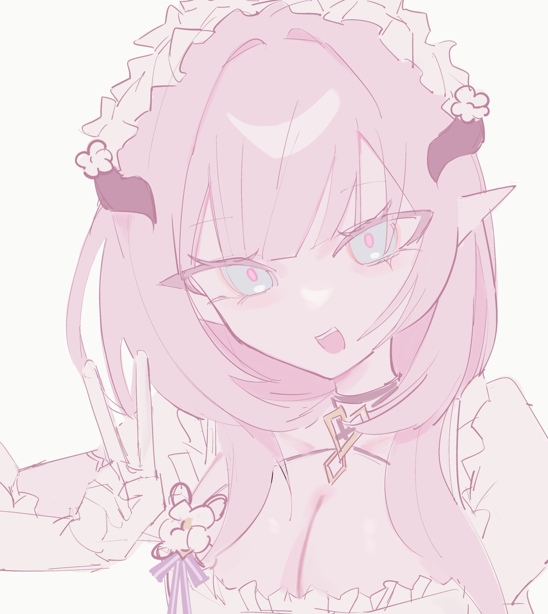 elysia (honkai impact), elysia (miss pink) (honkai impact), elysia (miss pink elf) (honkai impact), honkai (series), honkai impact 3rd, hashtag-only commentary, highres, 1girl, blue eyes, breasts, cleavage, elf, fake horns, gloves, horns, large breasts, looking at viewer, maid, maid headdress, ne1pin, official alternate costume, open mouth, pink hair, pointy ears, simple background, solo, upper body, white gloves