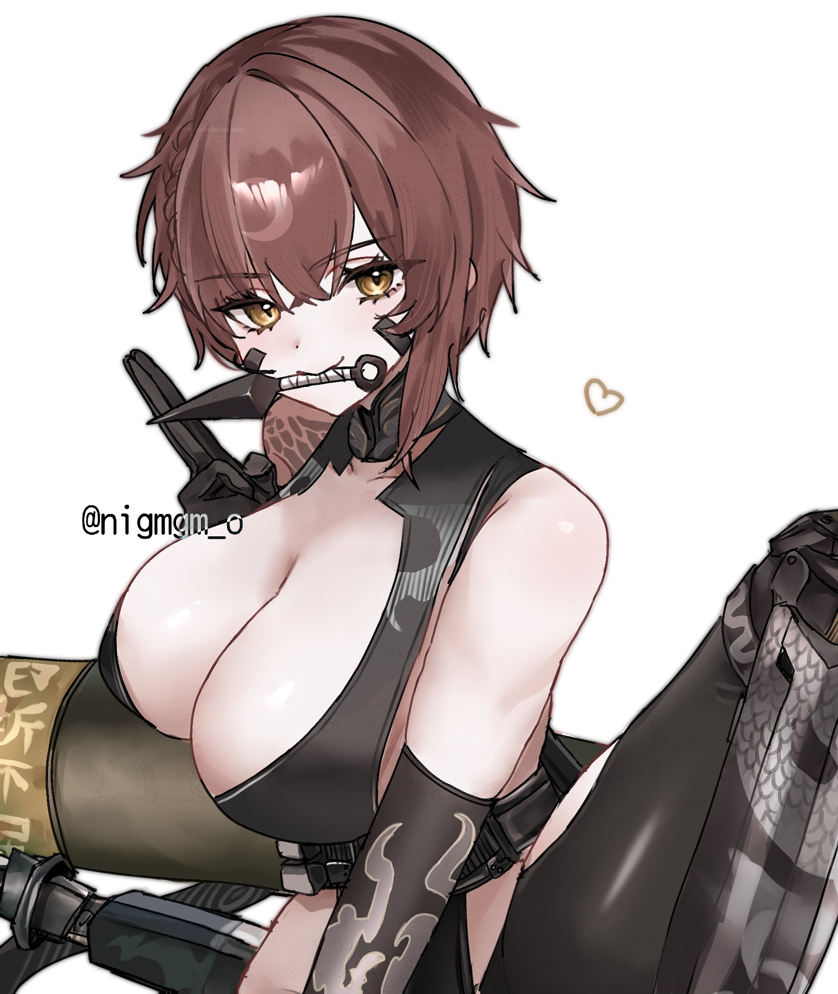 nigmgm o, delta (nikke), delta (ninja thief) (nikke), goddess of victory: nikke, commentary request, highres, 1girl, breasts, clothing cutout, hip vent, holding, holding kunai, holding weapon, knife in mouth, kunai, large breasts, ninjatou, official alternate costume, short sword, simple background, solo, sword, weapon, weapon in mouth, white background