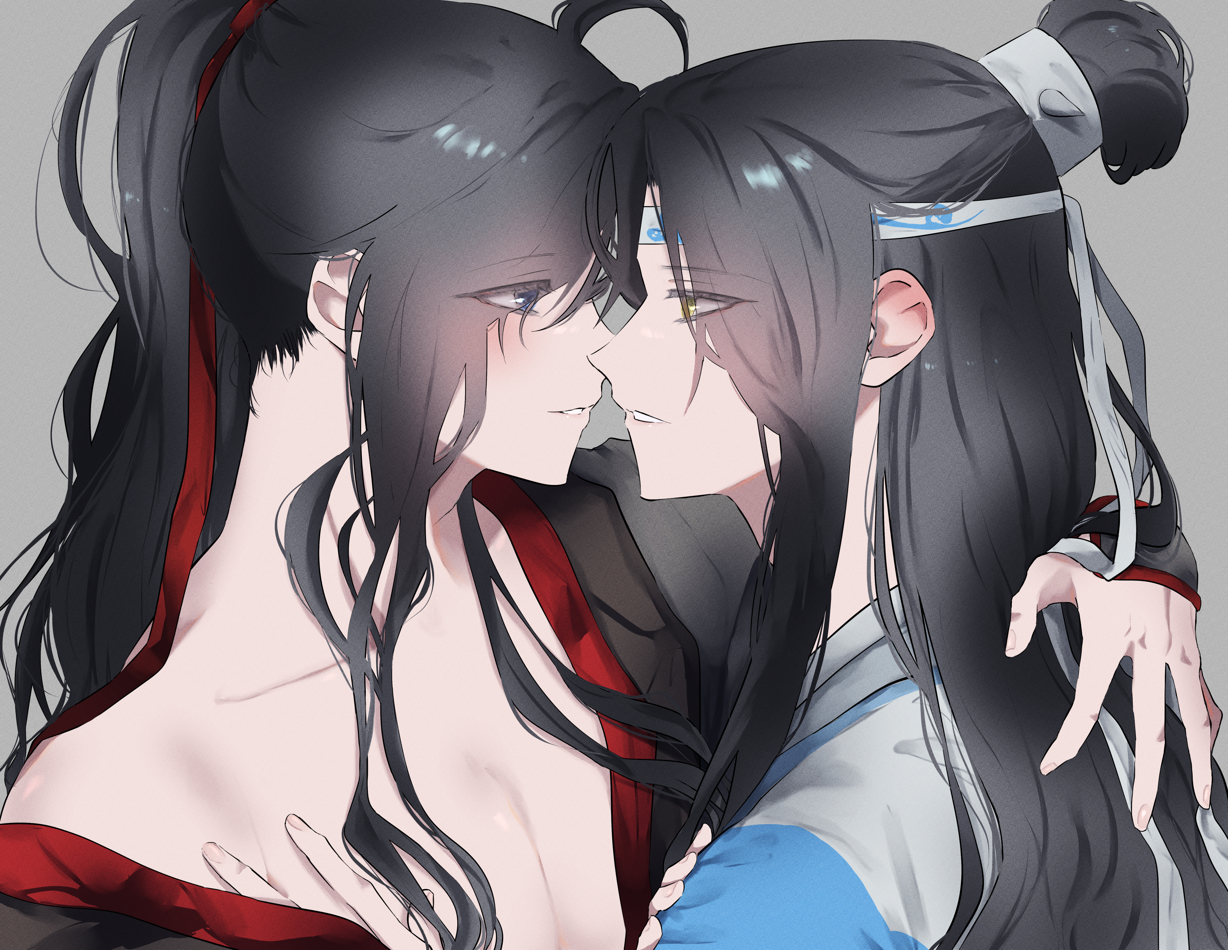 naruse (kmk648), lan wangji, wei wuxian, modao zushi, absurdres, highres, 2boys, ahoge, androgynous, black hair, black hanfu, blue eyes, blush, breasts, chinese clothes, cleavage, collarbone, couple, eyes visible through hair, face-to-face, grey background, hair ribbon, hand on another's chest, hand on another's shoulder, hanfu, headband, hug, imminent kiss, long hair, looking at another, male focus, multiple boys, off shoulder, parted lips, pectorals, ponytail, profile, red ribbon, ribbon, sidelocks, simple background, single bare shoulder, smile, topknot, upper body, white hanfu, white headband, xiao guan (headdress), yaoi, yellow eyes