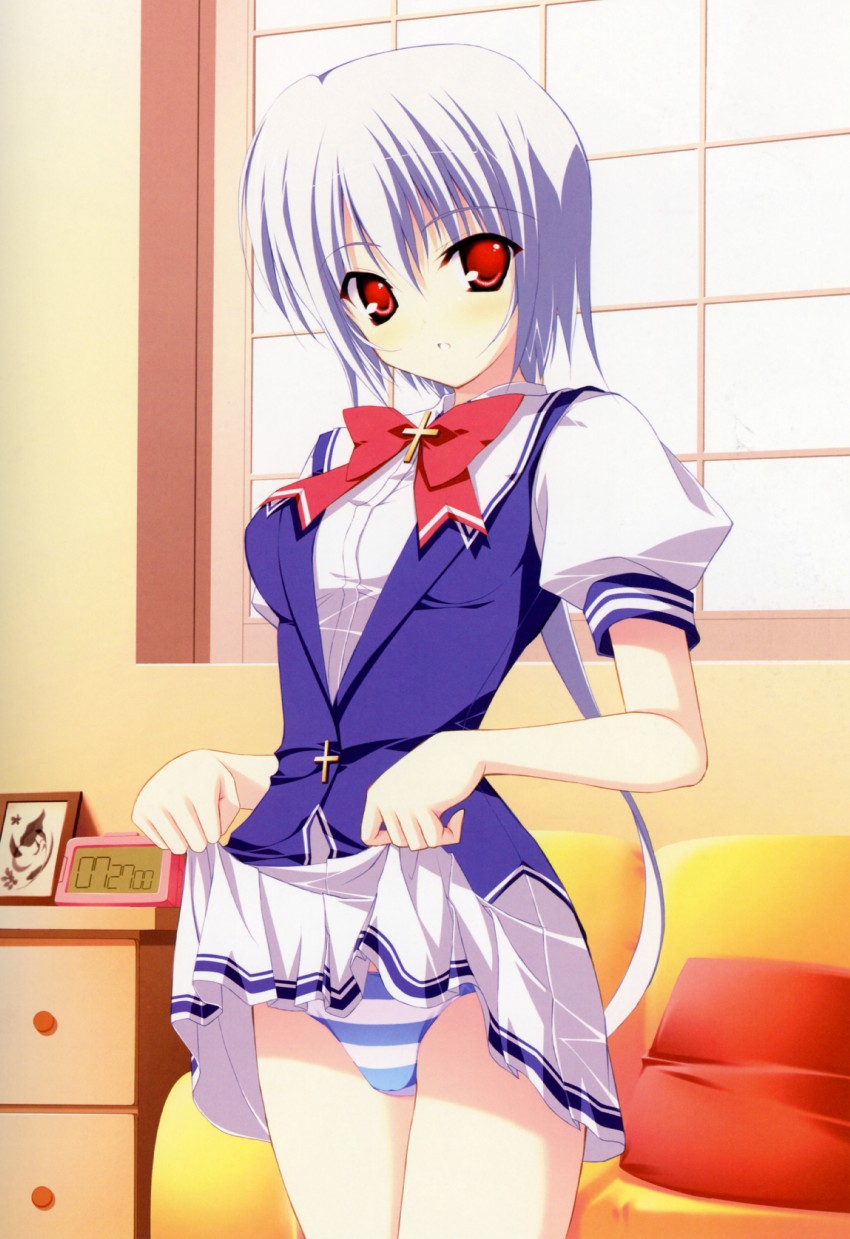 highres, looking at viewer, panties, red eyes, short hair, skirt, skirt lift, underwear, white hair