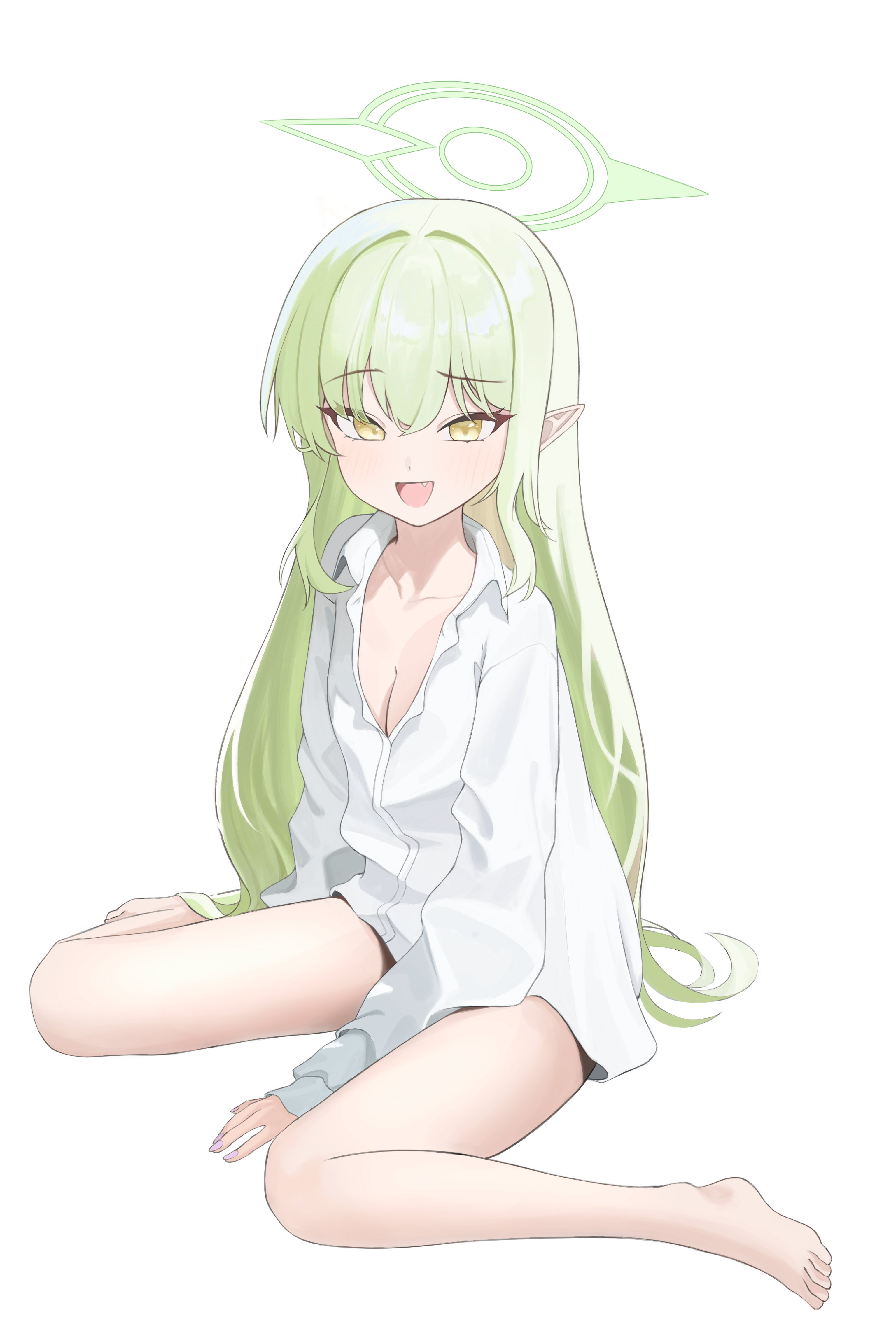 seungju, nozomi (blue archive), blue archive, absurdres, commentary, highres, korean commentary, 1girl, alternate hairstyle, barefoot, breasts, cleavage, collarbone, collared shirt, fang, green eyes, green hair, green halo, hair down, halo, long hair, long sleeves, naked shirt, no tail, open clothes, open mouth, open shirt, pointy ears, shirt, simple background, sitting, solo, wariza, white background, white shirt, yellow eyes