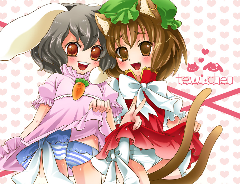 merue, chen, inaba tewi, touhou, bad id, bad pixiv id, 2girls, animal ears, black hair, brown eyes, brown hair, carrot, cat ears, cat girl, cat tail, clothes lift, earrings, fang, female focus, hat, jewelry, multiple girls, multiple tails, orange eyes, panties, rabbit ears, short hair, side-tie panties, skirt, skirt lift, striped clothes, striped panties, tail, underwear, white background