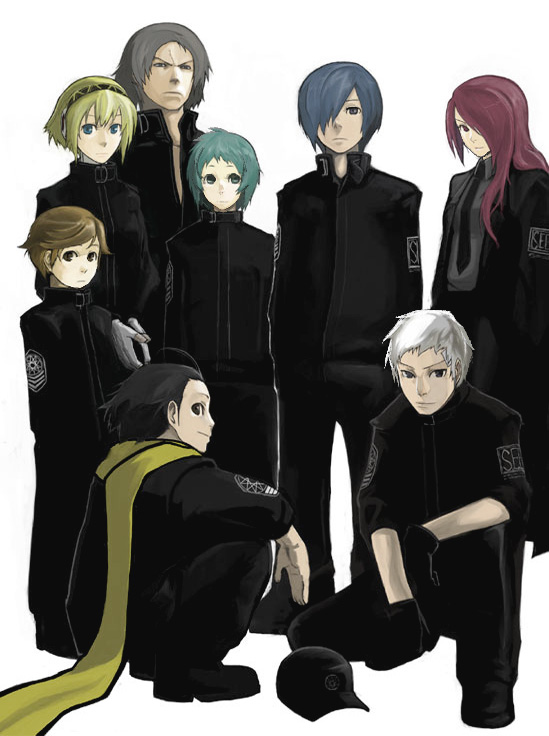 usuke (hcd), aigis (persona), amada ken, aragaki shinjirou, kirijou mitsuru, mochizuki ryouji, sanada akihiko, yamagishi fuuka, yuuki makoto (persona 3), atlus, persona, persona 3, 3girls, 5boys, alternate costume, black hair, blonde hair, blue hair, brown eyes, brown hair, green hair, hair over one eye, long hair, multiple boys, multiple girls, no headwear, red hair, scarf, white hair