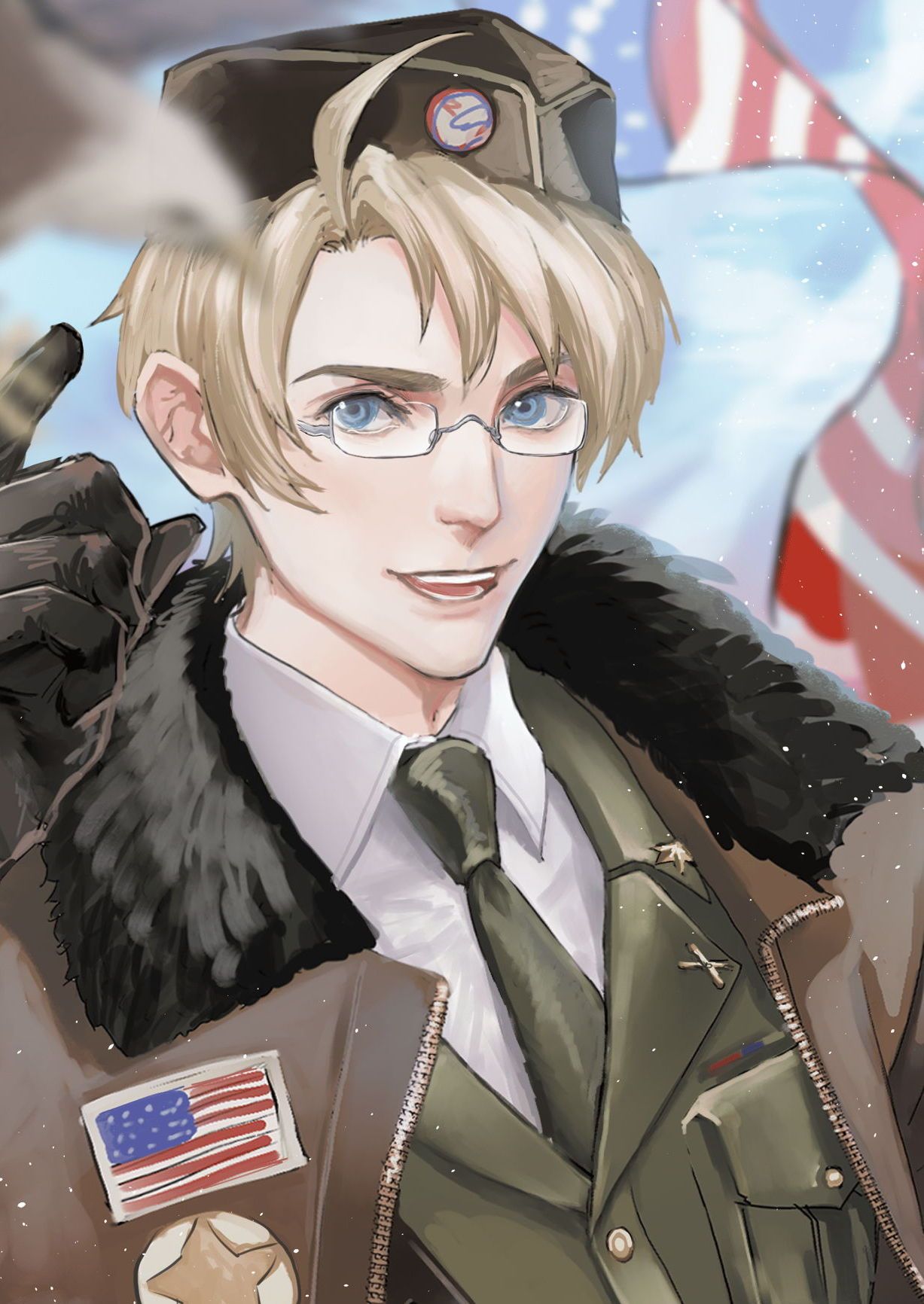 markka ph, america (hetalia), axis powers hetalia, commentary, highres, 1boy, ahoge, american flag, american flag print, black gloves, blonde hair, blue eyes, blue sky, breast pocket, brown hat, brown jacket, buttons, cloud, cloudy sky, collared shirt, day, flag print, fur-trimmed jacket, fur trim, glasses, gloves, green jacket, green necktie, grey-framed eyewear, hand up, hat, index finger raised, jacket, lapels, leather, leather gloves, looking at viewer, male focus, military, military hat, military jacket, military uniform, necktie, open clothes, open jacket, open mouth, outdoors, pocket, semi-rimless eyewear, shirt, short hair, sky, smile, solo, star (symbol), star ornament, star print, teeth, upper body, white shirt
