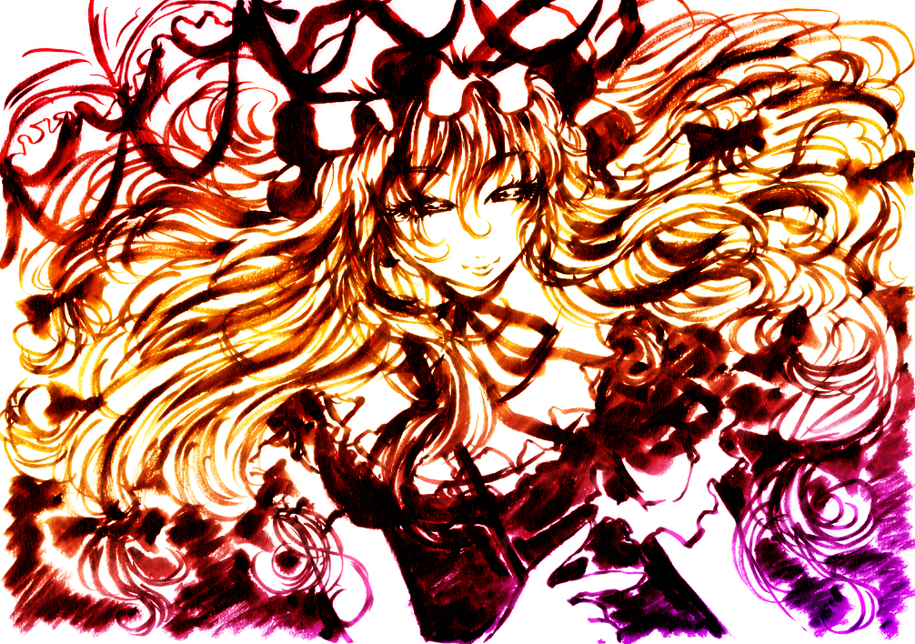 bakufu, fuu (futian), yakumo yukari, touhou, ink (medium), traditional media, 1girl, elbow gloves, female focus, gloves, hat, ink, parasol, ribbon, solo, umbrella