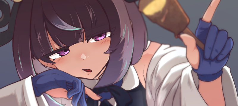 gwynn (pokemon), nintendo, pokemon, pokemon legends: z-a, commentary request, 1girl, :o, black shirt, blue gloves, blunt bangs, collared shirt, gloves, grey background, hands up, holding, imo (himomosweet), index finger raised, jacket, long hair, off shoulder, open clothes, open jacket, open mouth, partially fingerless gloves, purple eyes, shirt, simple background, solo, white jacket