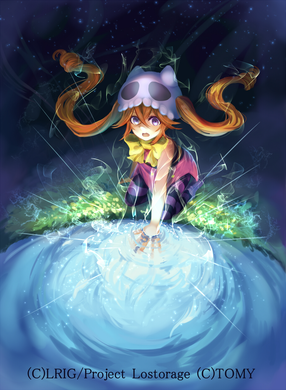 dqn (dqnww), eldora (wixoss), wixoss, highres, official art, 1girl, blush, brown hair, copyright notice, hat, long hair, looking at viewer, open mouth, outdoors, pantyhose, pink shirt, pink skirt, purple eyes, purple pantyhose, shirt, skirt, solo, twintails, white hat