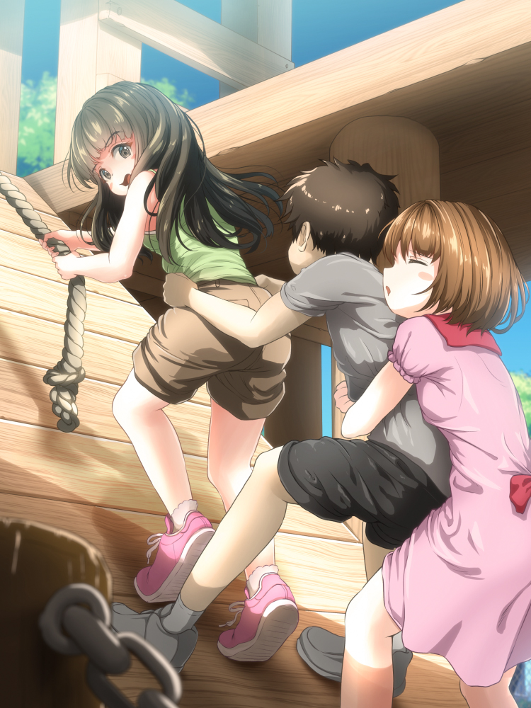 tachiinu, bob-cut neighbor girl (tachiinu), long-haired neighbor girl (tachiinu), neighbor boy (tachiinu), original, 1boy, 2girls, black hair, black shorts, brown hair, brown shorts, climbing, closed eyes, dress, green shirt, grey shirt, grey shoes, hug, hug from behind, long hair, multiple girls, open mouth, outdoors, pink dress, pink shoes, playground, rope, shirt, shoes, short hair, shorts, sleeveless, sleeveless shirt, torso grab