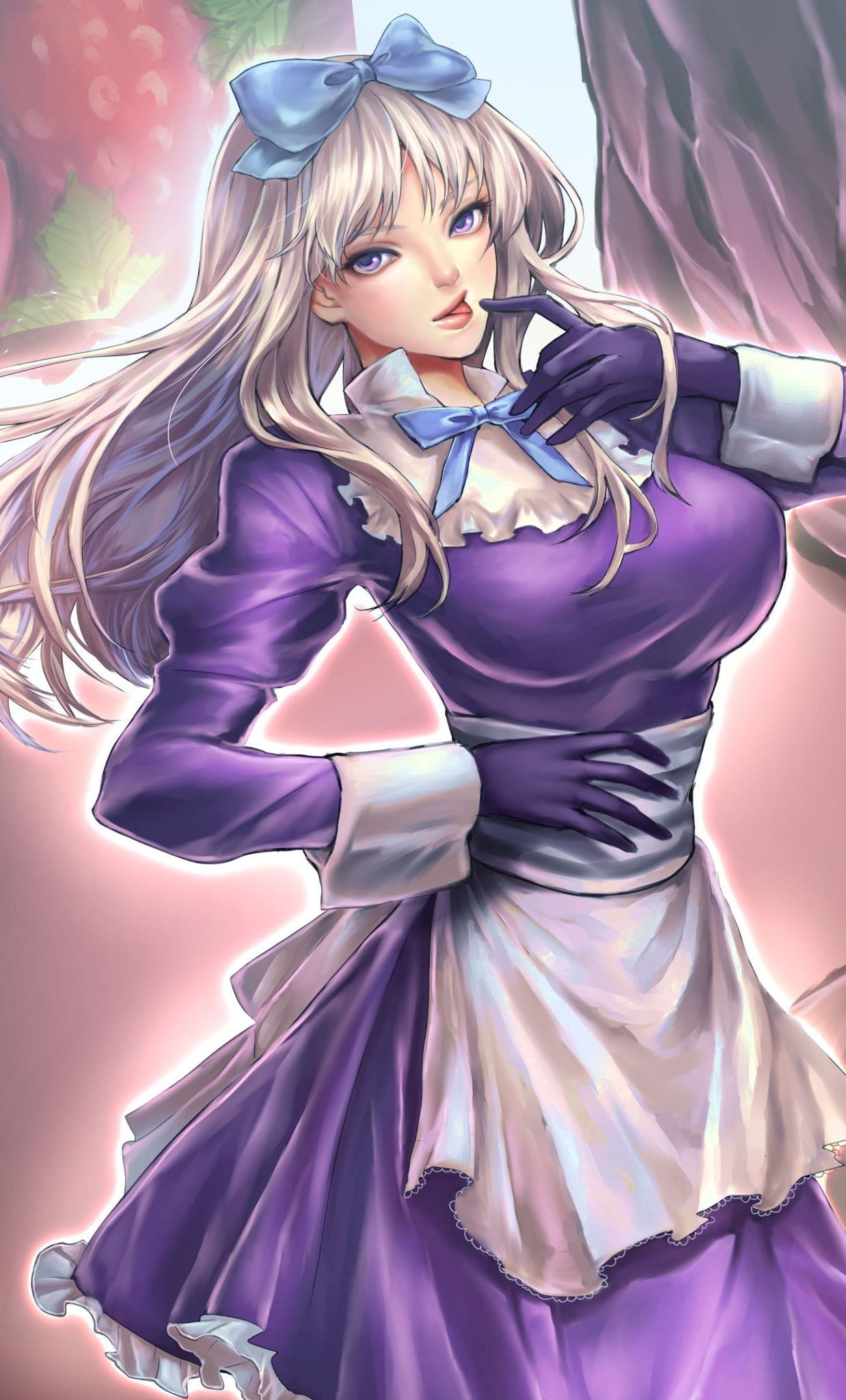 markka ph, belarus (hetalia), axis powers hetalia, highres, 1girl, apron, back bow, blue bow, blue bowtie, bow, bowtie, breasts, cowboy shot, curtains, dress, floating hair, food, frills, fruit, gloves, hair bow, hand on own hip, hand up, index finger raised, juliet sleeves, large breasts, lips, long hair, long sleeves, looking at viewer, pink background, puffy sleeves, purple dress, purple eyes, purple gloves, sidelocks, simple background, solo, standing, strawberry, tongue, tongue out, white apron, white bow, white hair