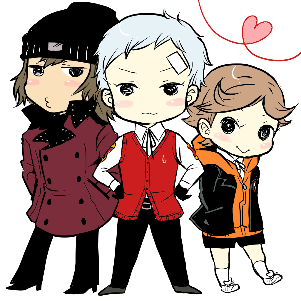 motsu (mot), amada ken, aragaki shinjirou, sanada akihiko, atlus, persona, persona 3, bad id, bad pixiv id, 3boys, :3, beanie, brown hair, double-breasted, hat, male focus, multiple boys, white hair
